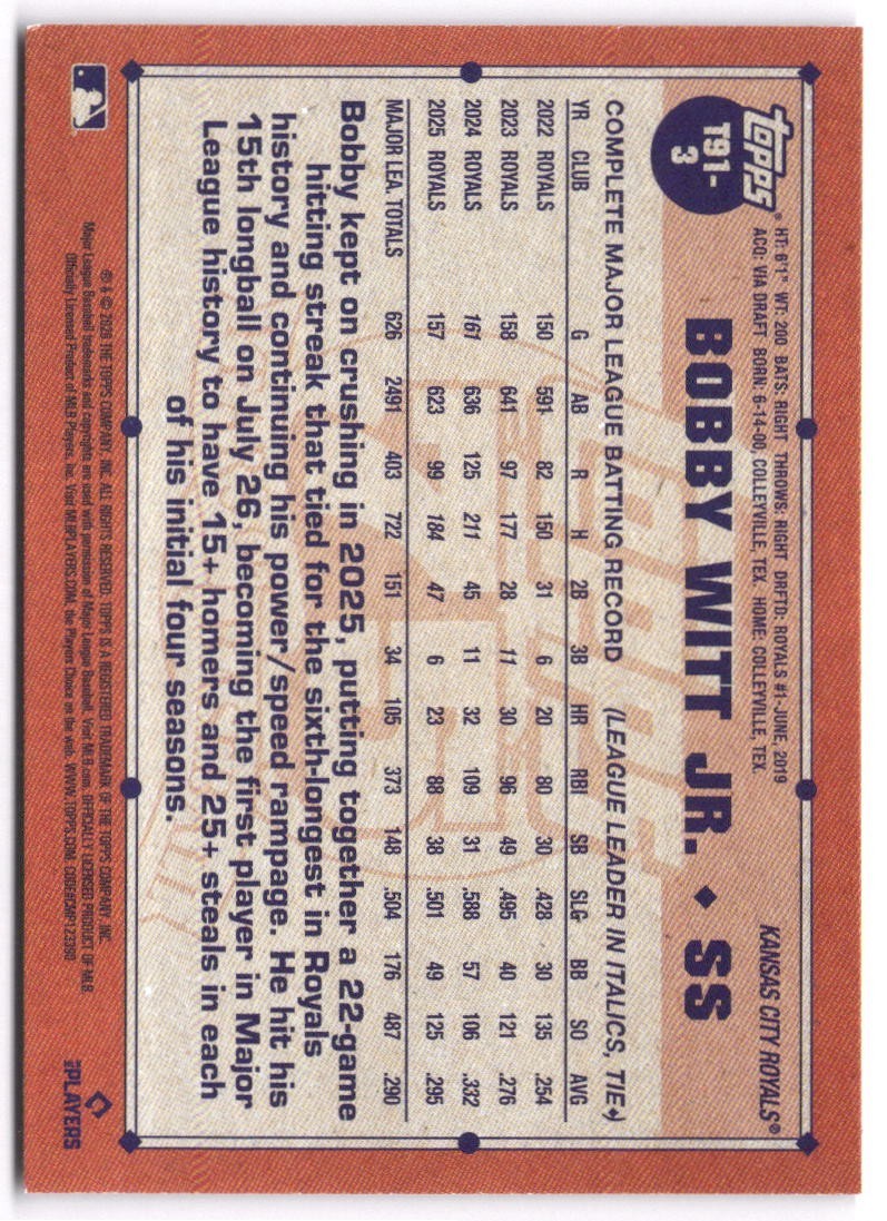 2026 Topps Series 1 – Royals Bobby Witt Jr. #T91-3 Topps 91.