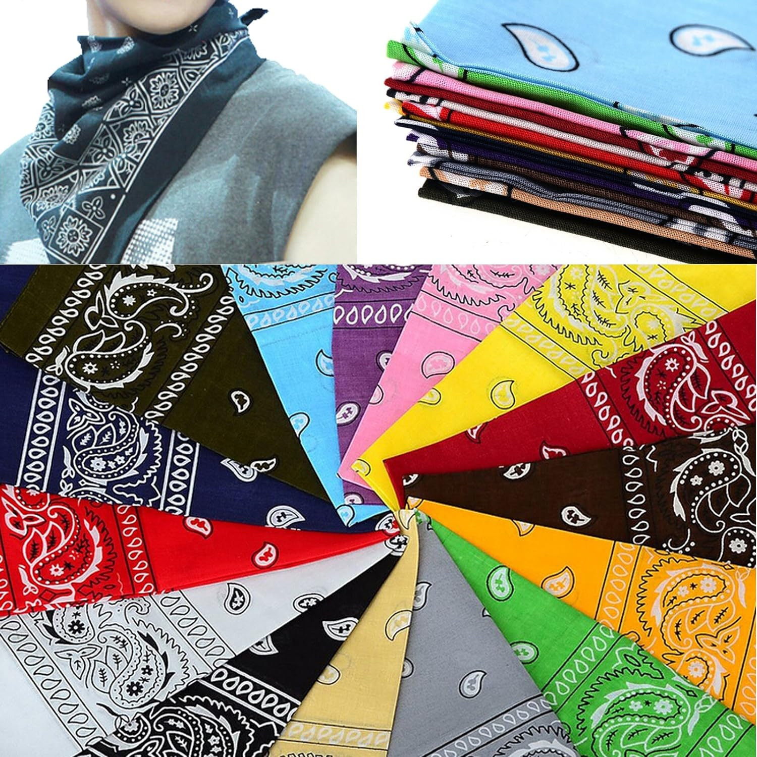 One Dozen/12Pcs Assorted Bandanas 22X22 Inch 100% Cotton Novelty Double Sided Pr
