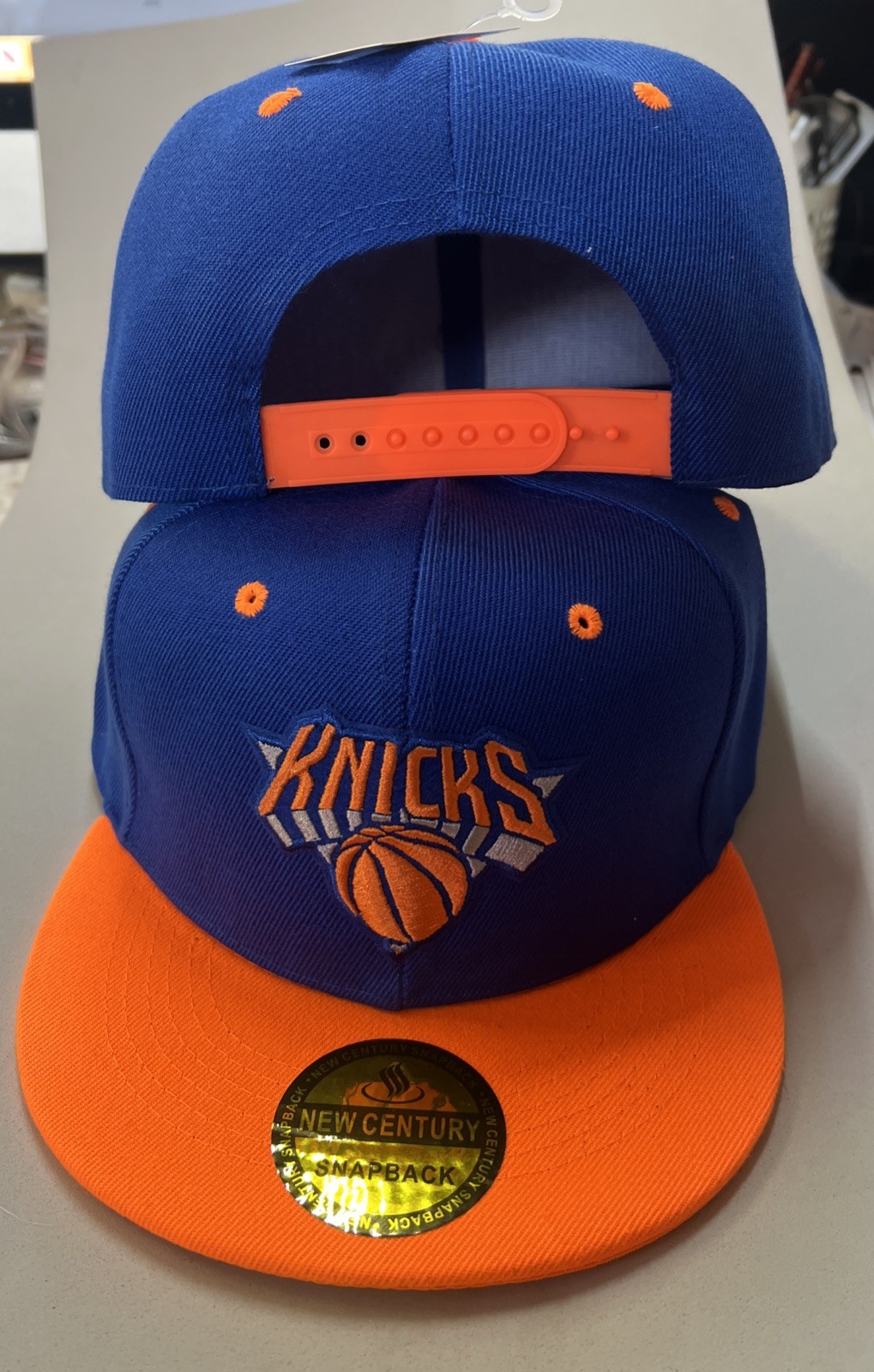 New York Knicks blue and orange snapback baseball hat flat brim