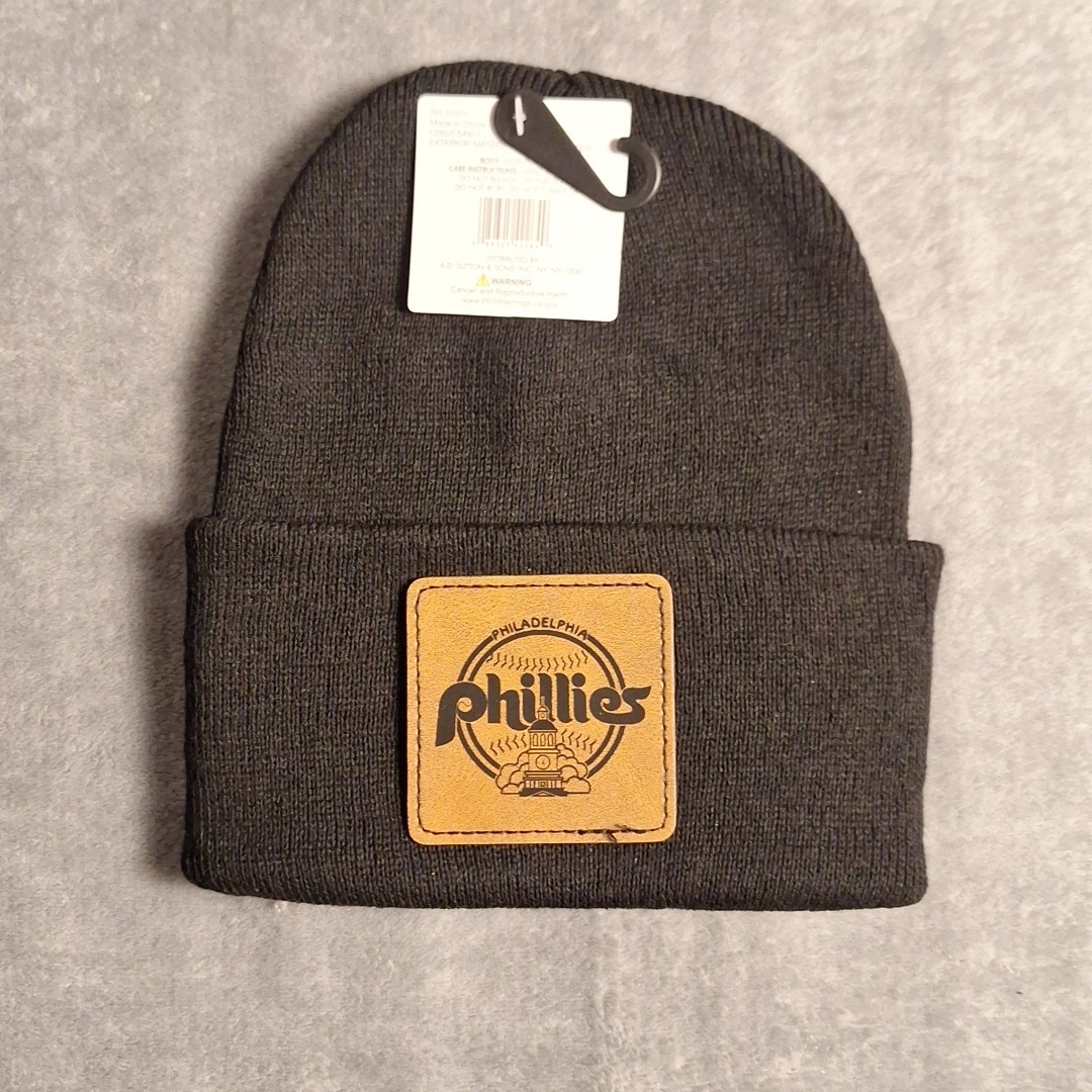 Philadelphia Phillies Leather Square Patch Black Beanie Cap MLB