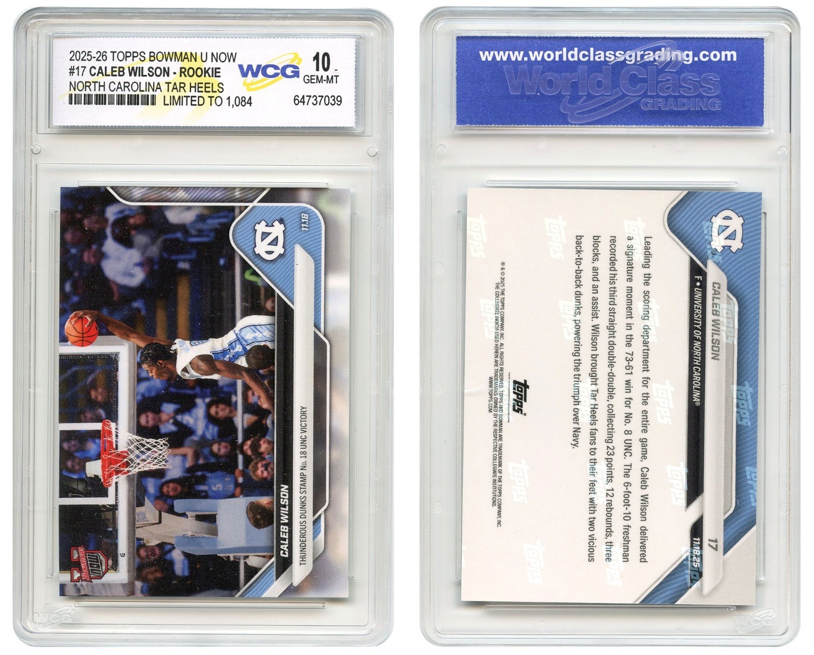 2025 Topps Bowman CALEB WILSON North Carolina Tar Heels ROOKIE Card #17 GEM 10