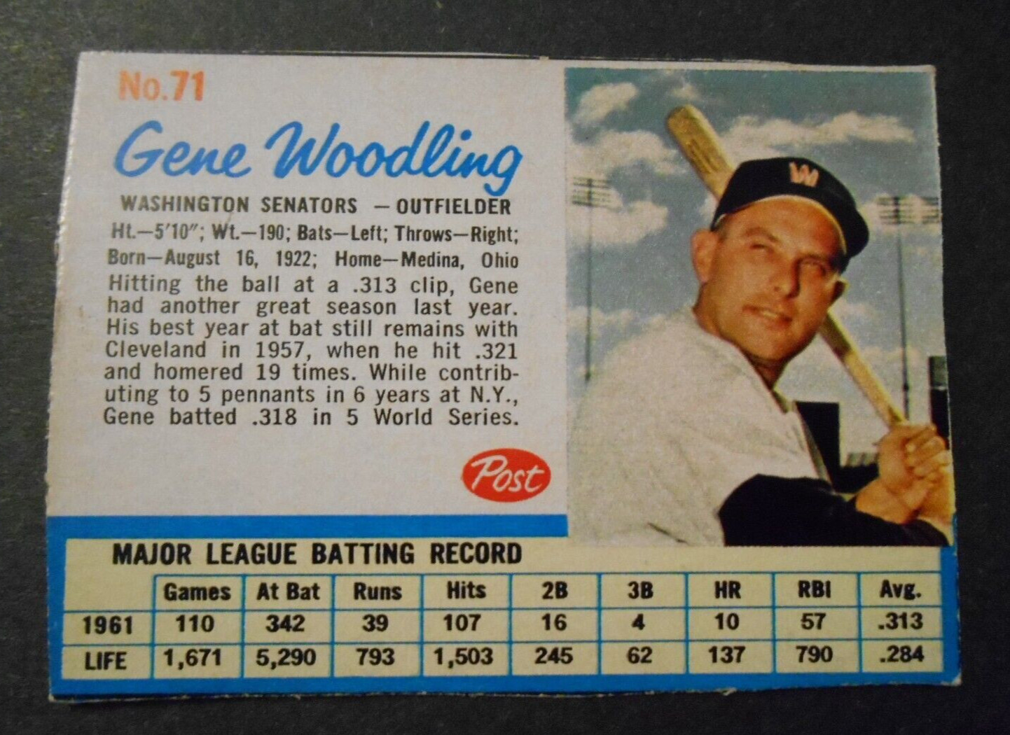 1962 Post Cereal #71 GENE WOODLING Washington Senators EX 5 No Creases