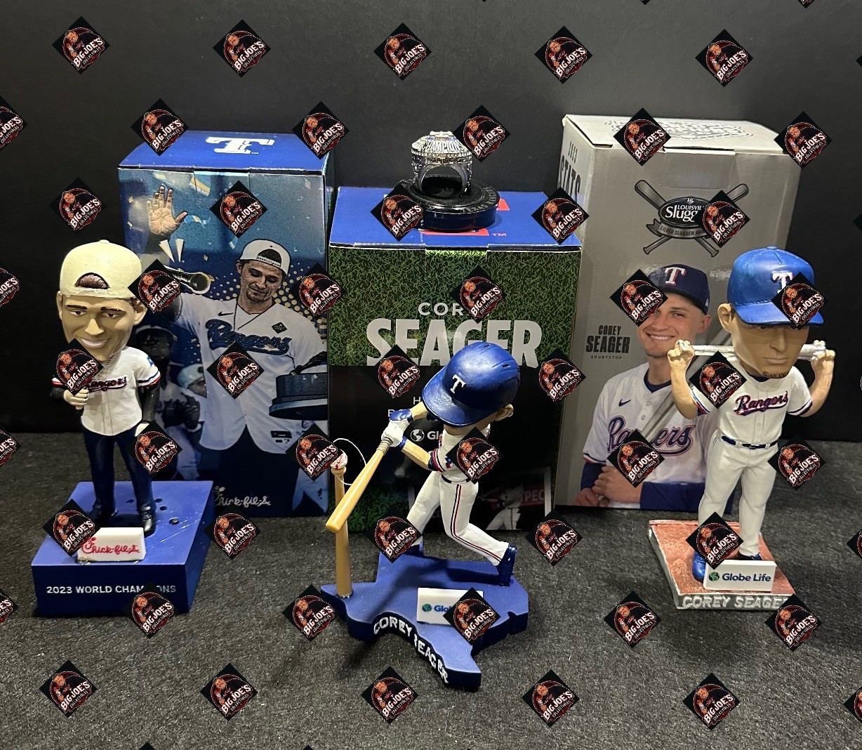 Texas Rangers Cory Seager 2024 WS replica Ring, and various Bobbleheads