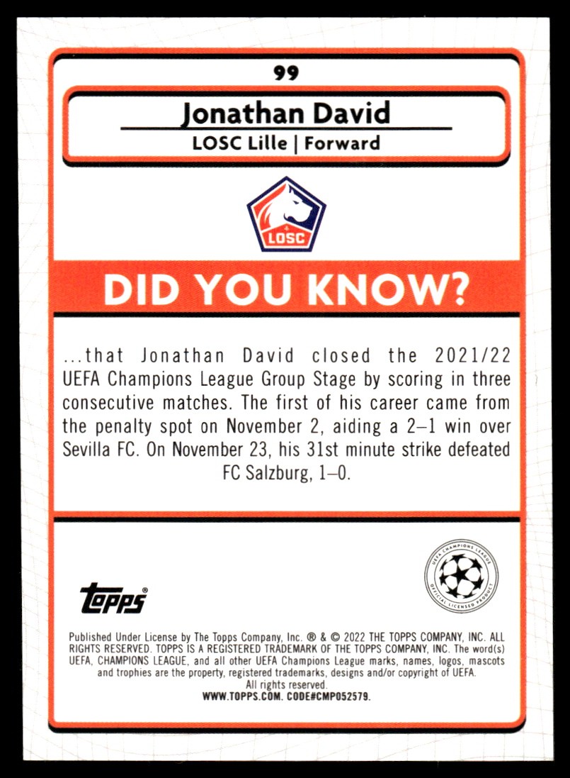 Jonathan David 2021-22 Merlin UEFA Champions League #99 LOSC Lille AutographDen