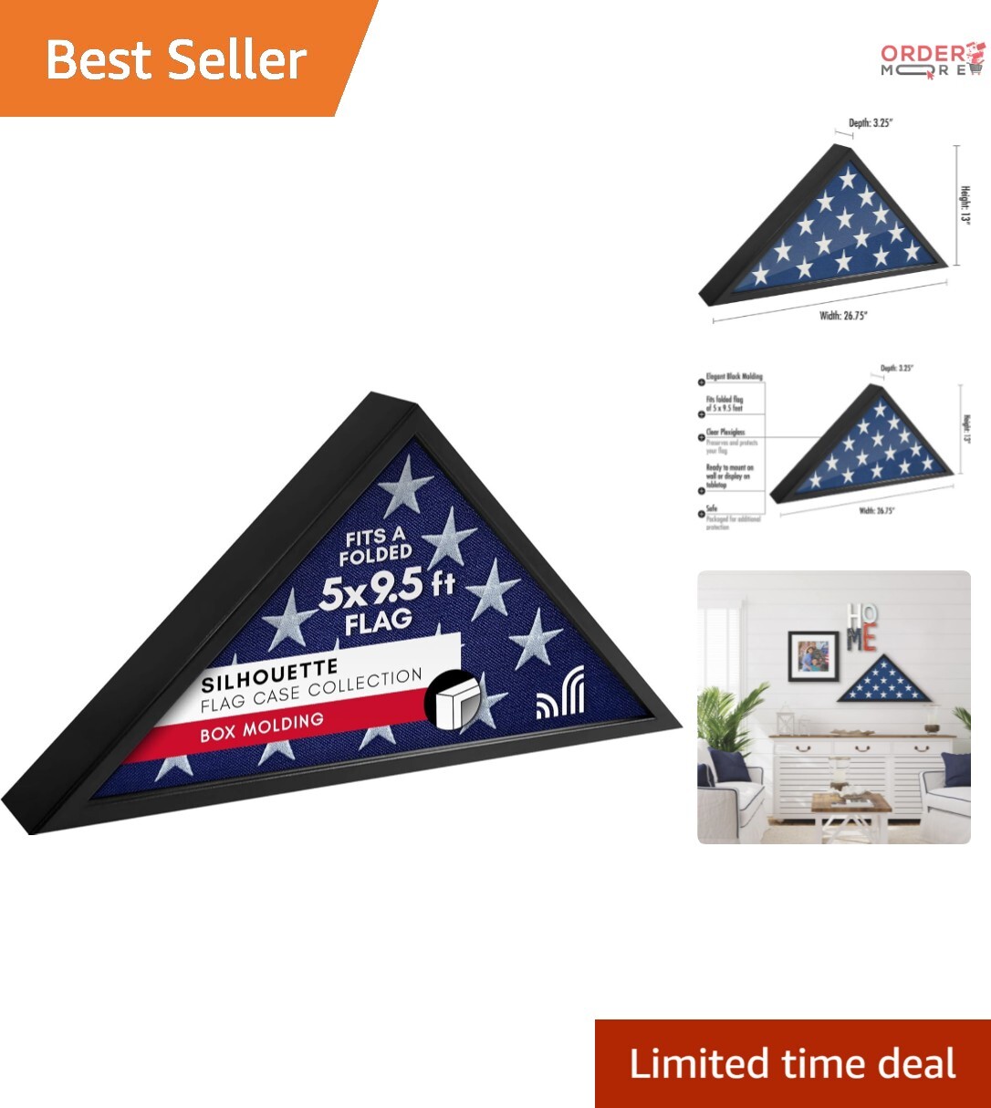 Large Flag Display Case for 5×9.5′ Burial Flags Tabletop Wall Mount Black