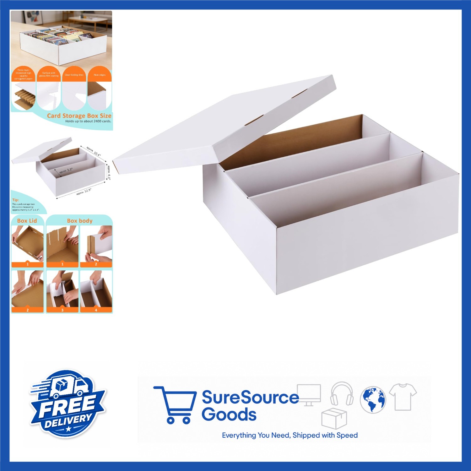 Large Capacity Card Storage Box, 2400 Count, Easy Assembly, Flip Top Closure