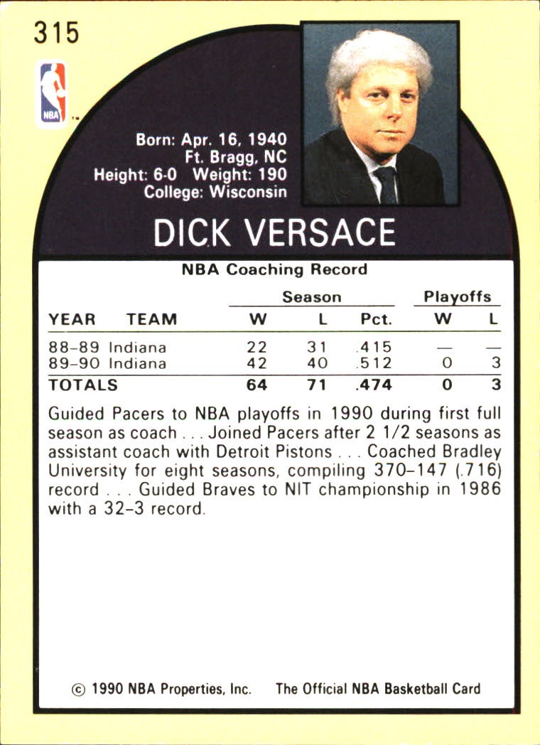 1990-91 Hoops Dick Versace #315 Indiana Pacers