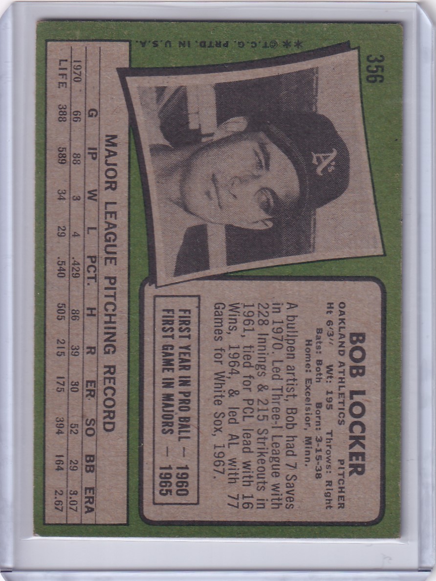 1971 Topps Baseball #356 Bob Locker – Oakland Athletics