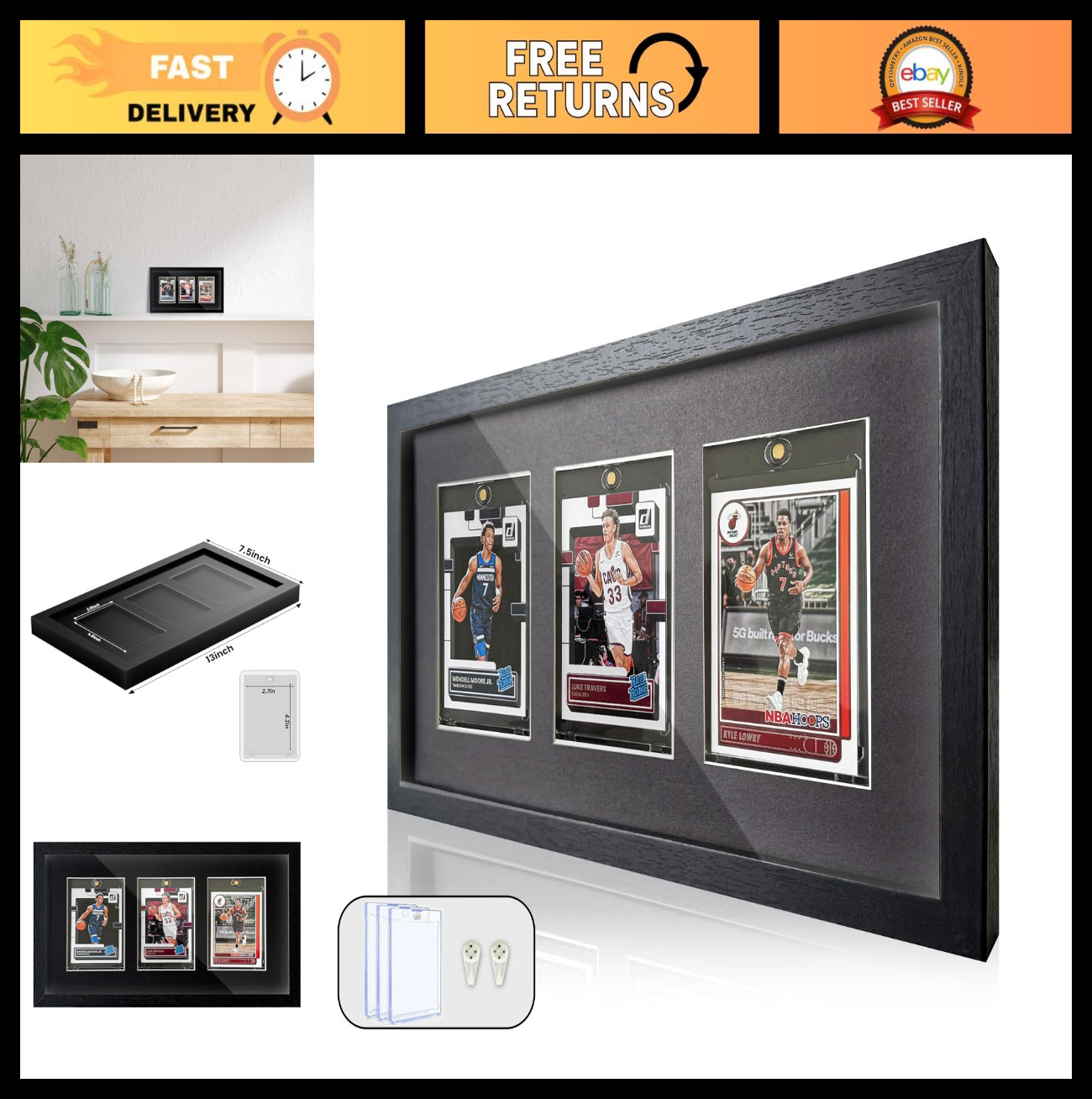 Tempered Glass Sports Card Display Frame – Wall Mount/Tabletop Case for 3 Cards