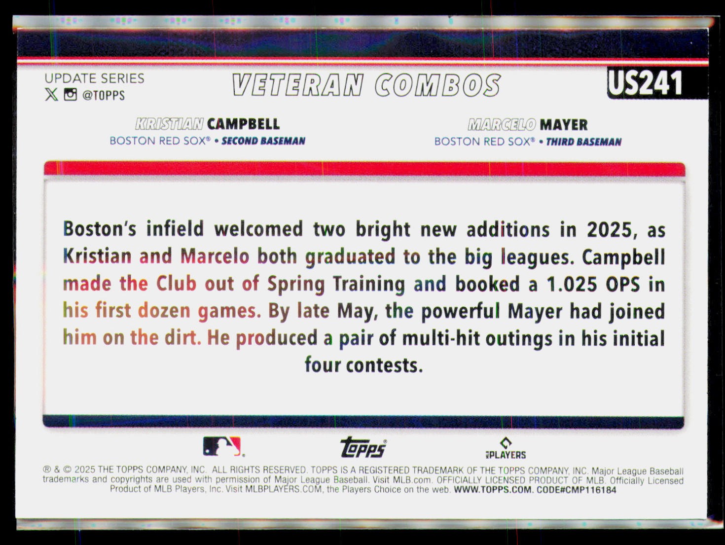 2025 Topps Update #US241 Marcelo Mayer / Kristian Campbell Holiday