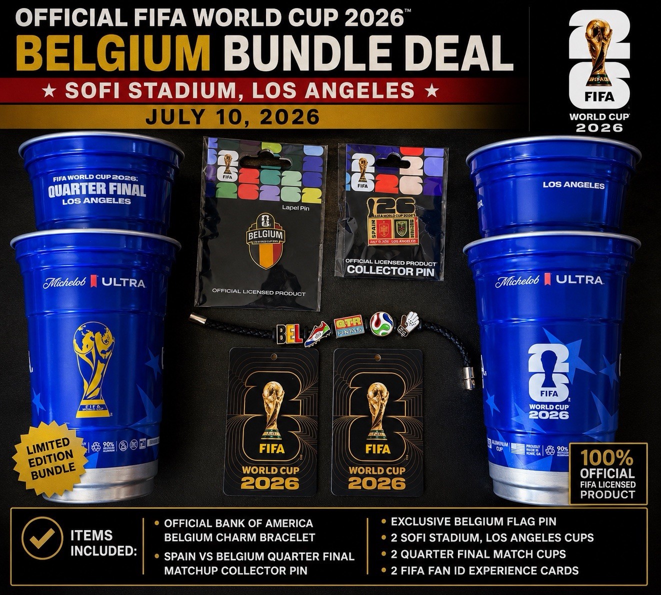 Belgium Bundle Bracelet Pin Cups Cards Official FIFA World Cup 2026 Spain Futbol