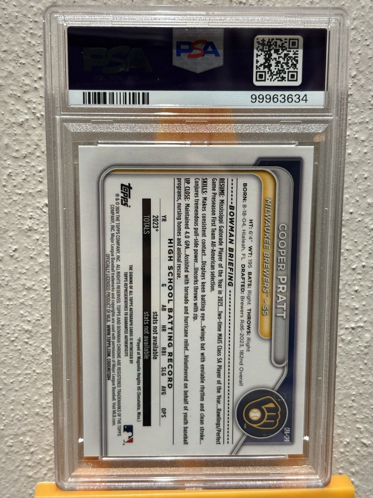 2024 Bowman Cooper Pratt 1st Bowman Chrome Prospect Auto PSA 10 💎 MINT🔥📈