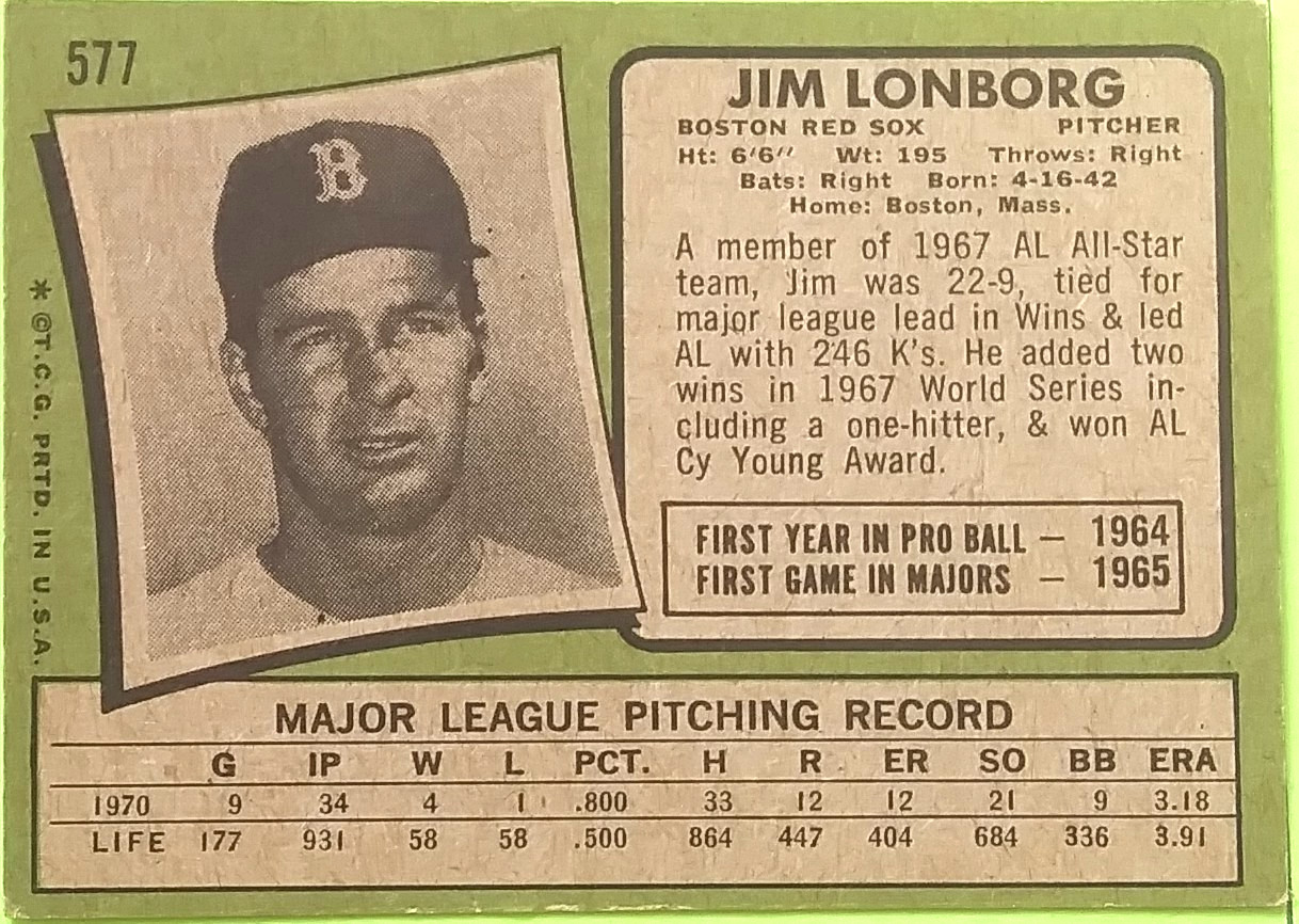 1971 Topps #577 Jim Lonborg Baseball Card (Boston Red Sox) (2)
