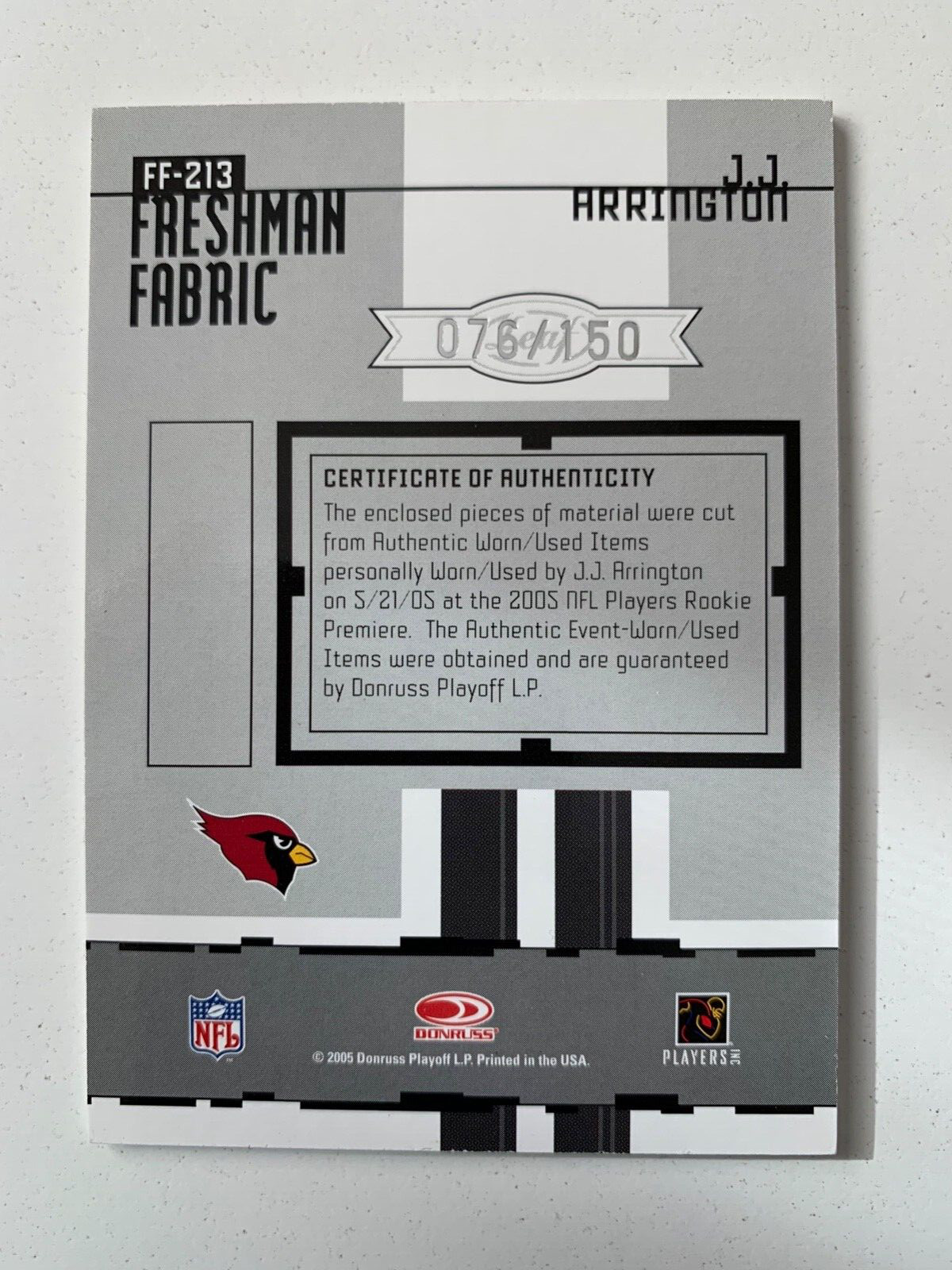 2005 Leaf Certified rc rainbow JJ ARRINGTON /5 /25/50/150 Arizona Cardinals