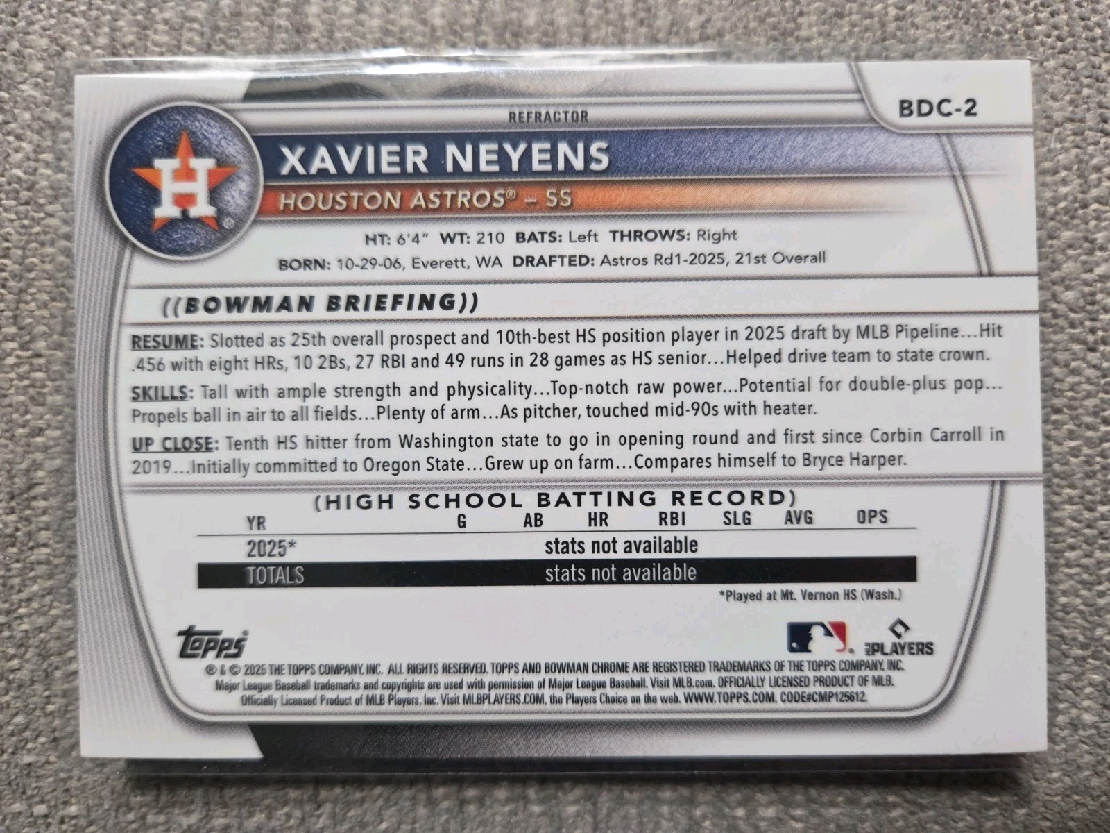2025 Bowman Draft – Xavier Neyens – Refractor – 1st Bowman #BDC-2