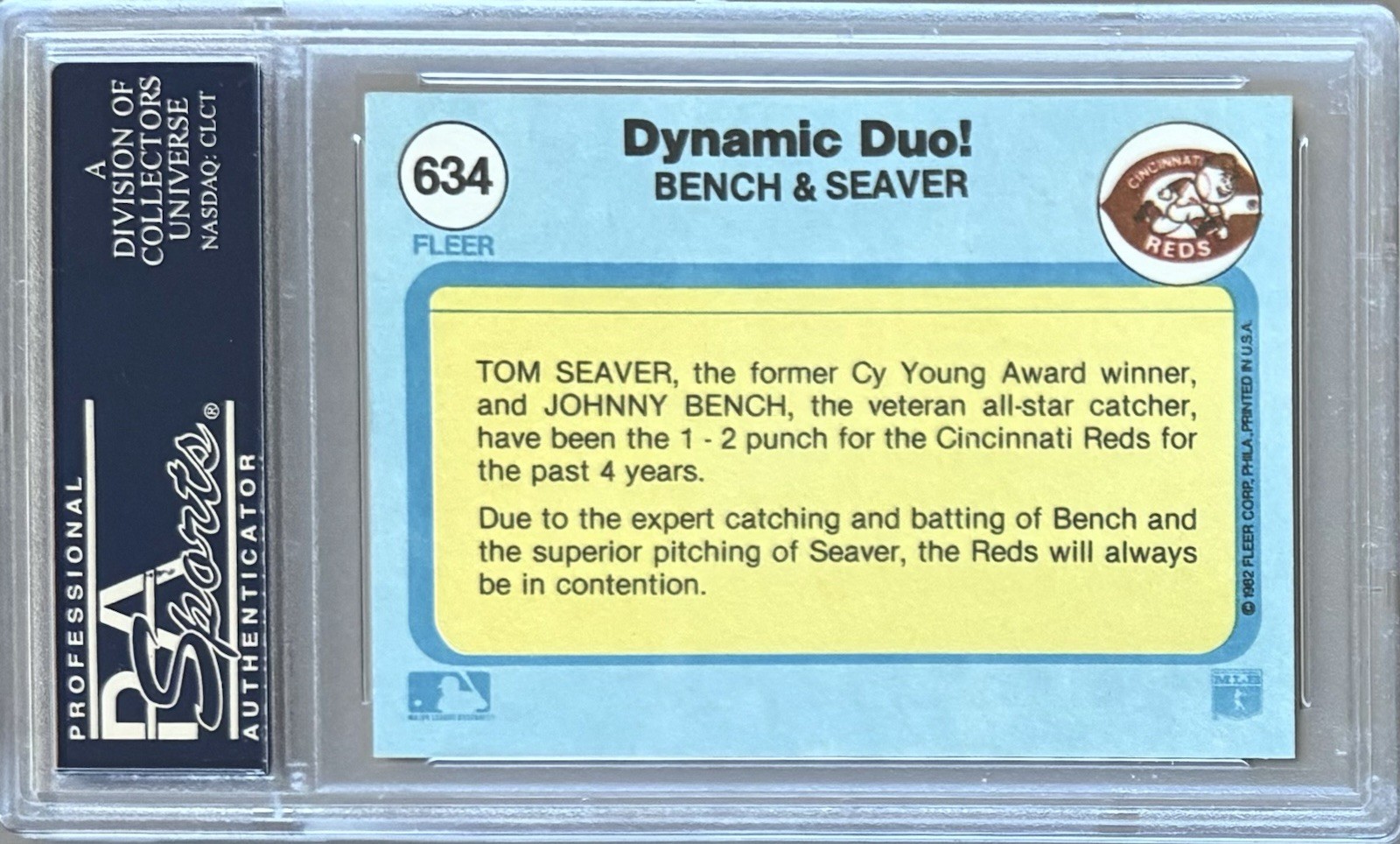 1982 FLEER #634 JOHNNY BENCH & TOM SEAVER HOF PSA 9 MINT REDS ** DYNAMIC DUO!