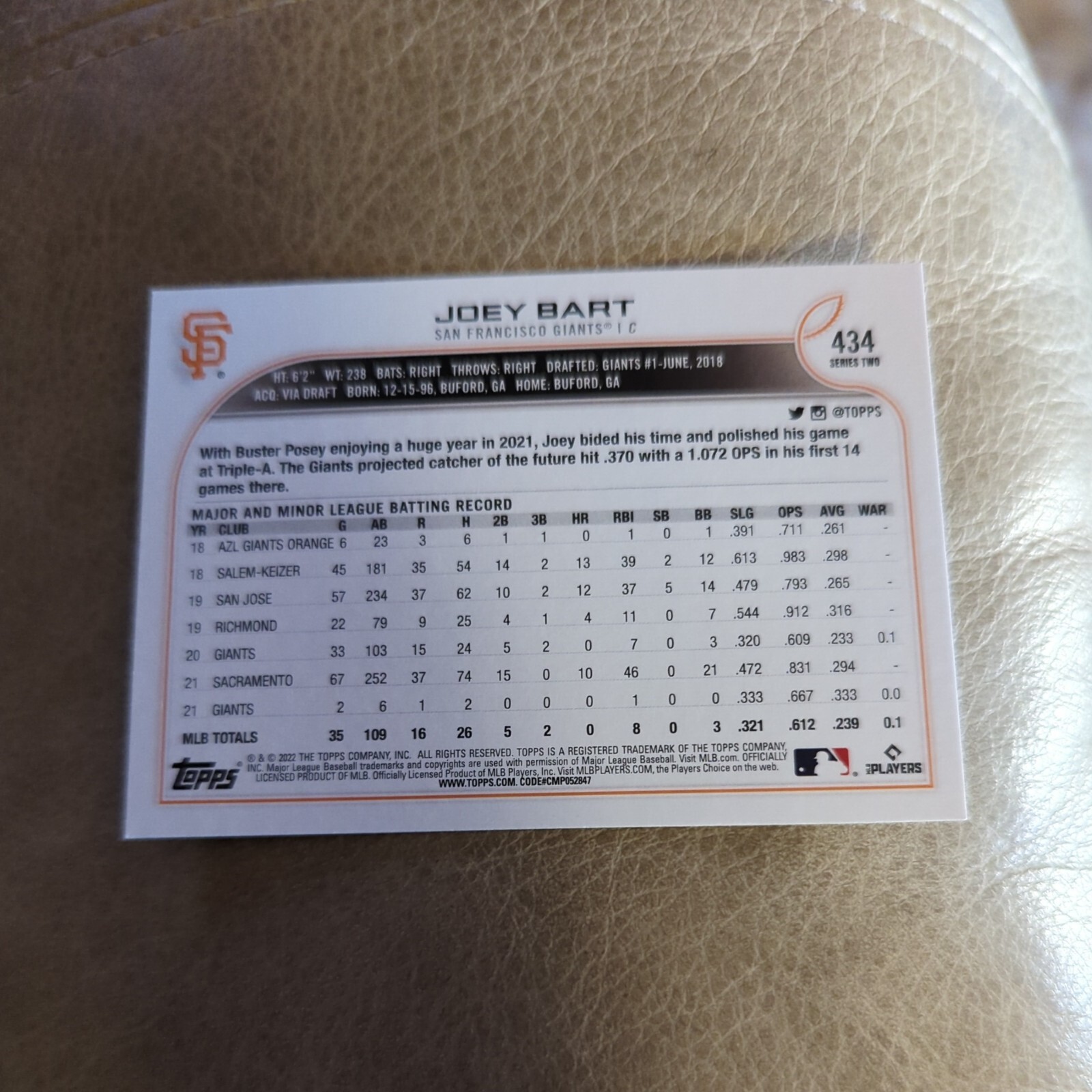 2022 Topps Series 2 JOEY BART Future Stars #434 SF Giants