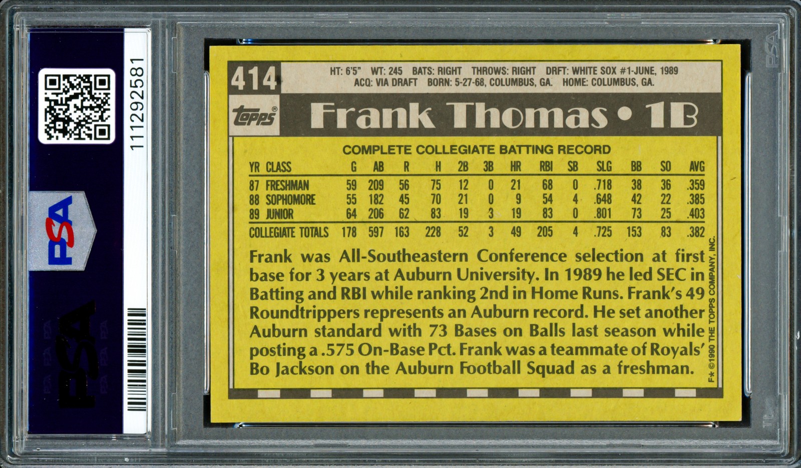 Frank Thomas Signed 1990 Topps RC 414 Chicago White Sox PSA 8 Auto GM 10 PSA/DNA