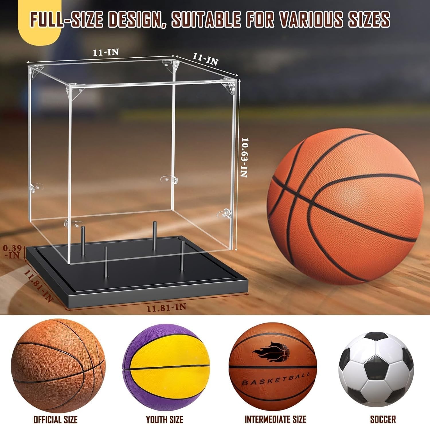 Tabletop Basketball Display Case: Black Acrylic with Wooden Base – Quick Setup