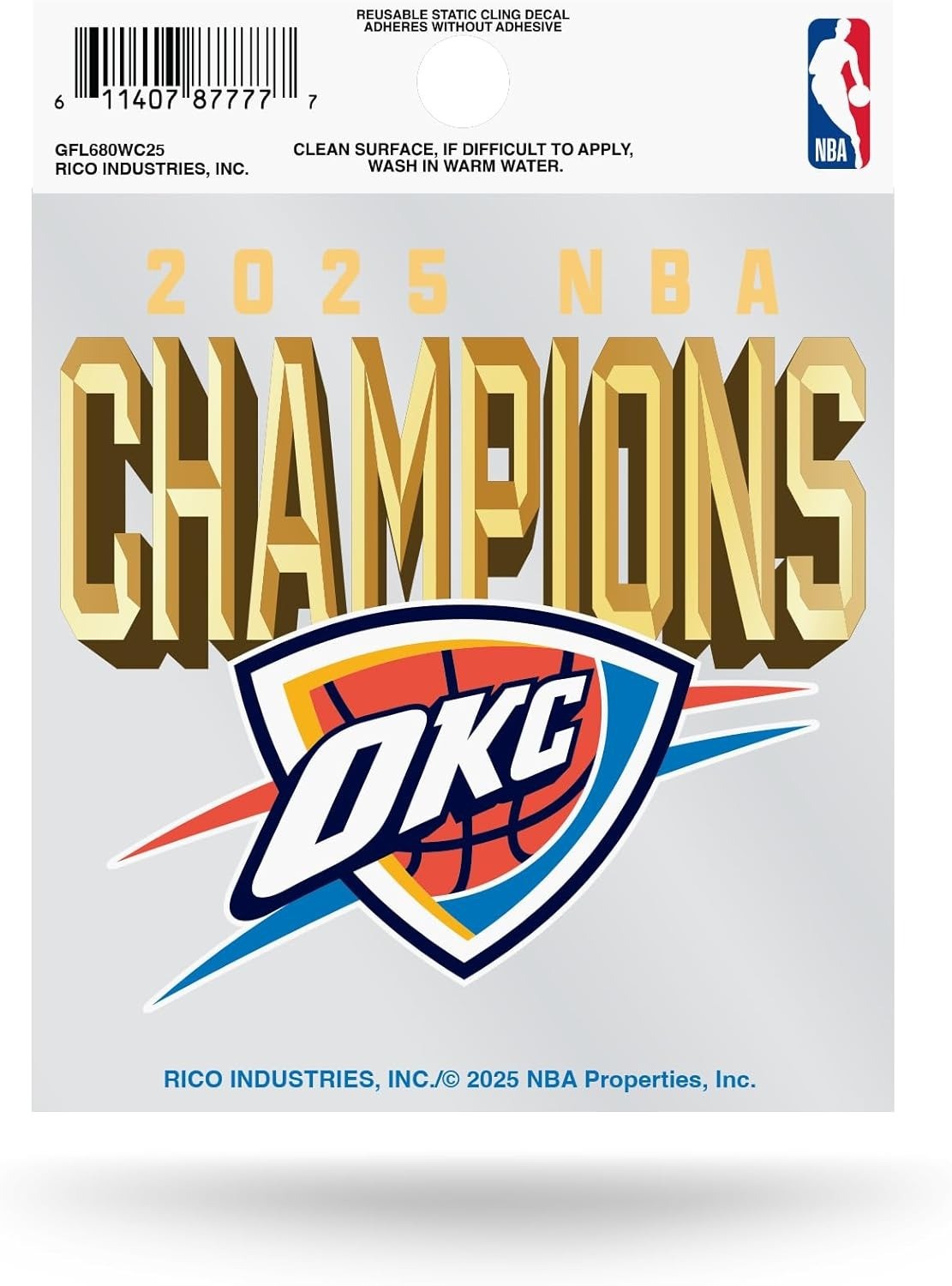 Oklahoma City Thunder 2025 NBA Champions Static Cling Decal Free Ship 3×4 Inches