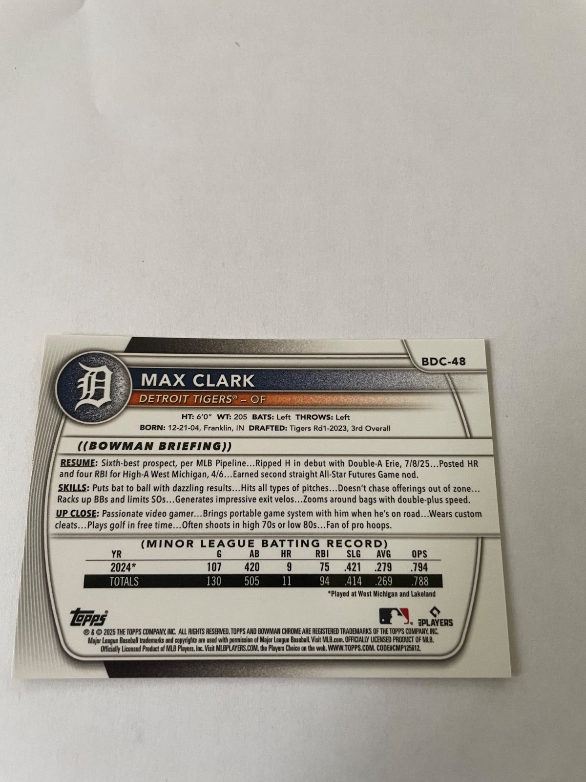 2025 Bowman Draft #BDC-48 Max Clark Sapphire Yellow /75