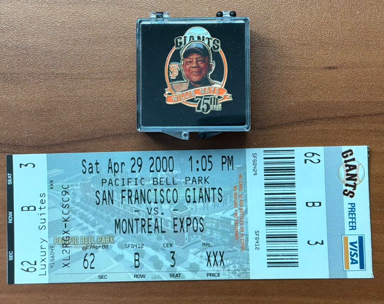 Willie Mays Personally Owned 75th Birthday Pin & First Win Against Expos Ticket
