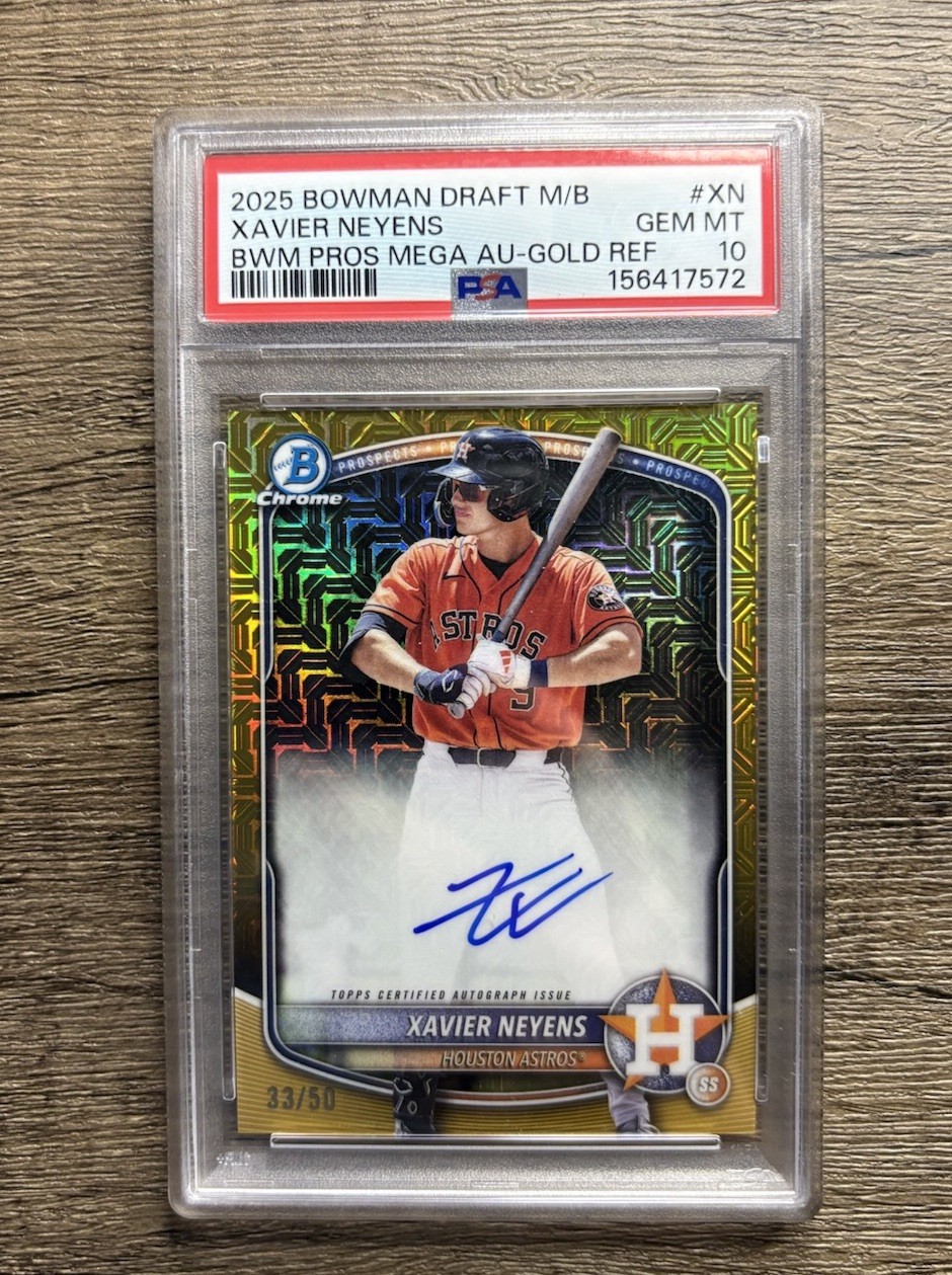 PSA 10 GEM Xavier Neyens 2025 Bowman Draft Auto Gold Mojo Refractor 10/50 Astros