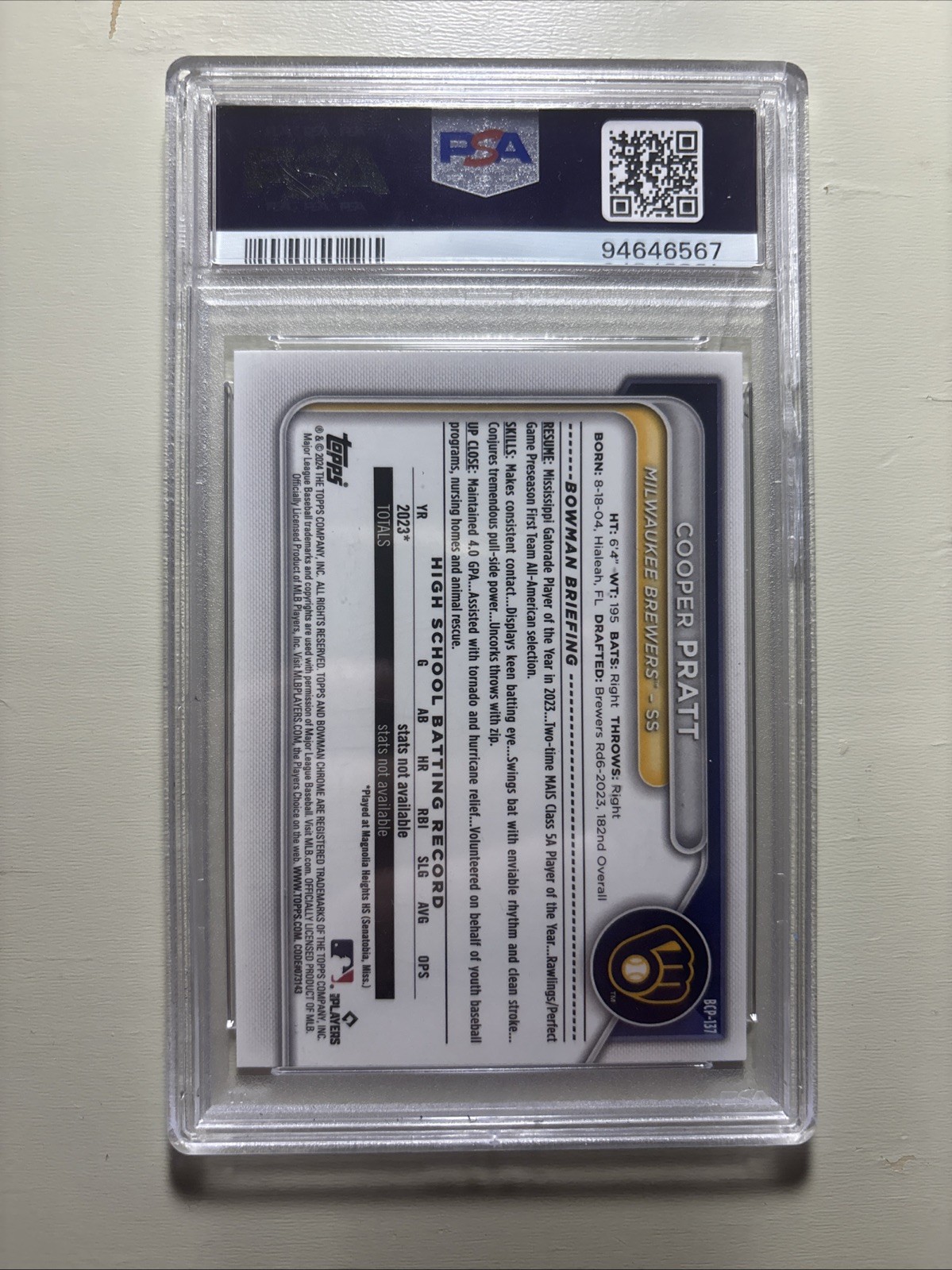 2024 Bowman Chrome Prospects Cooper Pratt 1st Bowman #BCP-137 Yellow /75 PSA 9