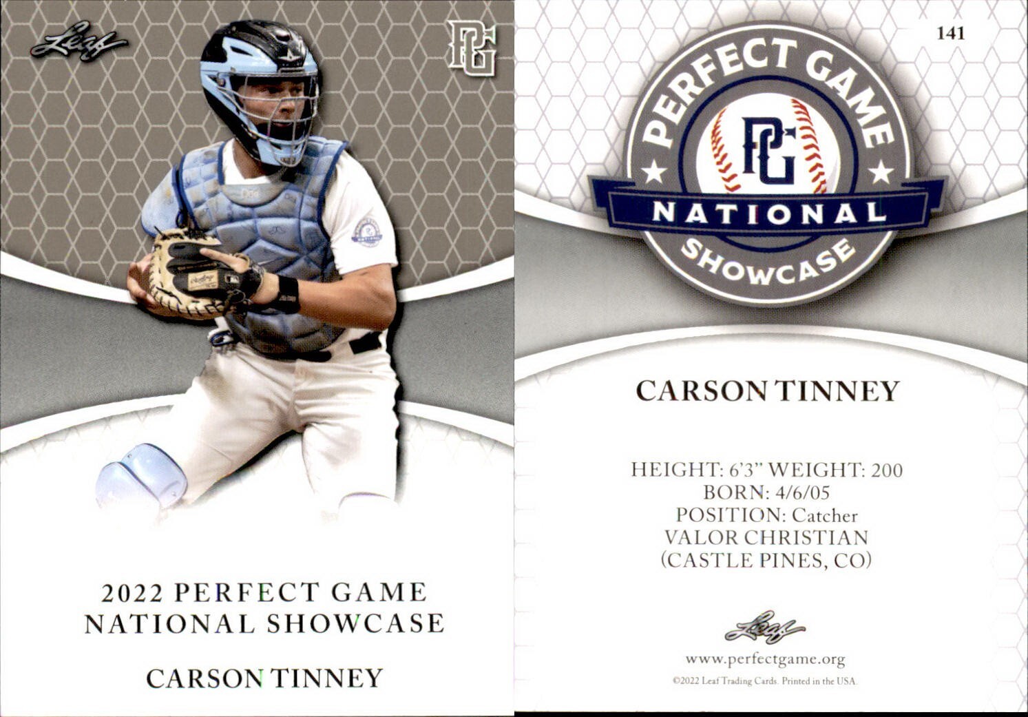 CARSON TINNEY 2022 LEAF PERFECT GAME “National Showcase” ROOKIE CARD #141