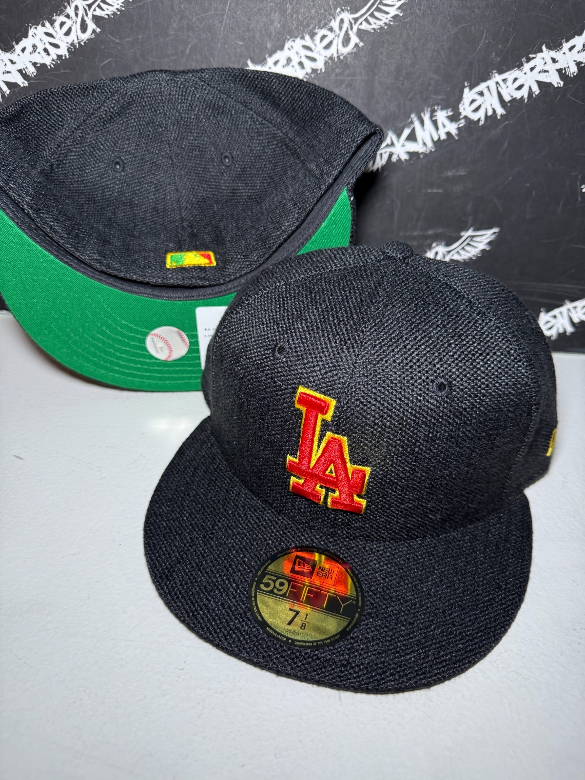NWT New Era Los Angeles Dodgers LA Black Red Yellow Logo Hemp Fitted Hat MENS
