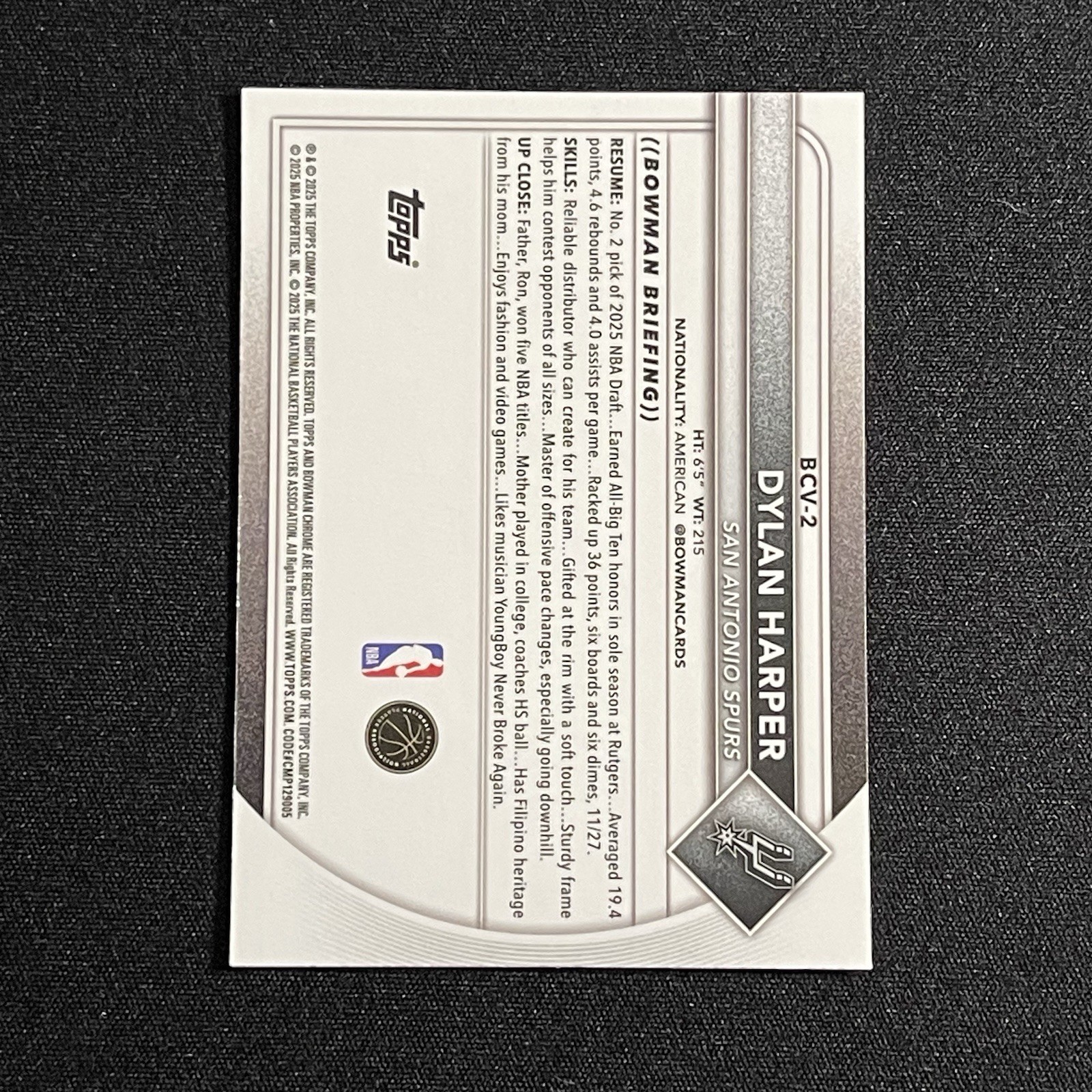 2025-26 Bowman Chrome Dylan Harper #BCV-2 RC Rookie San Antonio Spurs