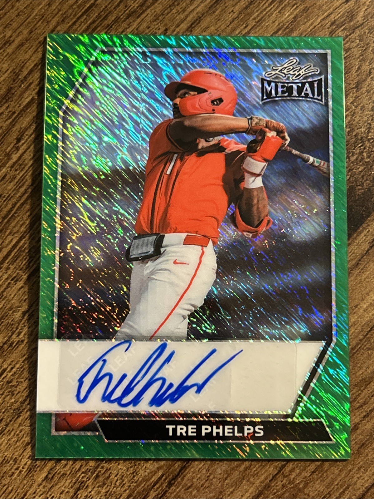 2026 Leaf Metal Baseball Base Auto Tre Phelps Green Shimmer #BA-TP1 /3