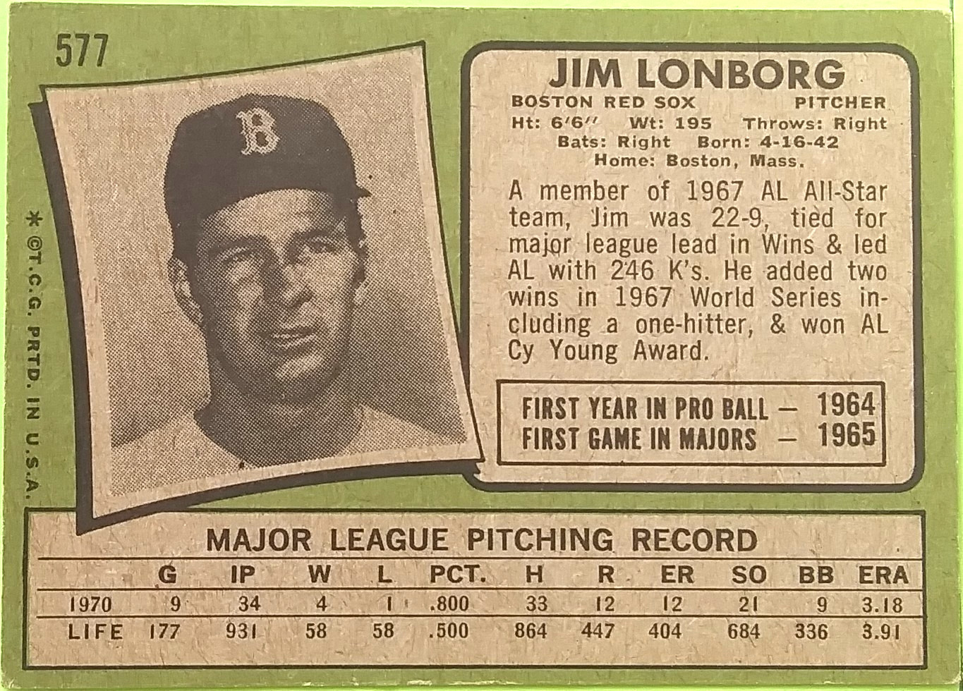 1971 Topps #577 Jim Lonborg Baseball Card (Boston Red Sox) (2)