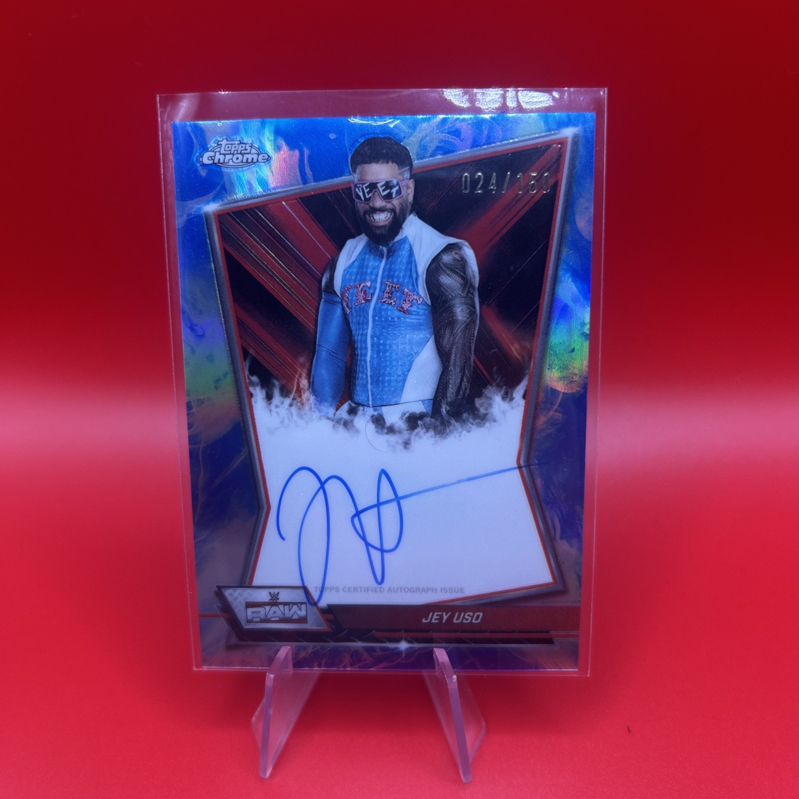 Jey Uso 2026 Topps Chrome WWE Auto Blue Refractor /150 Raw Wrestling Card