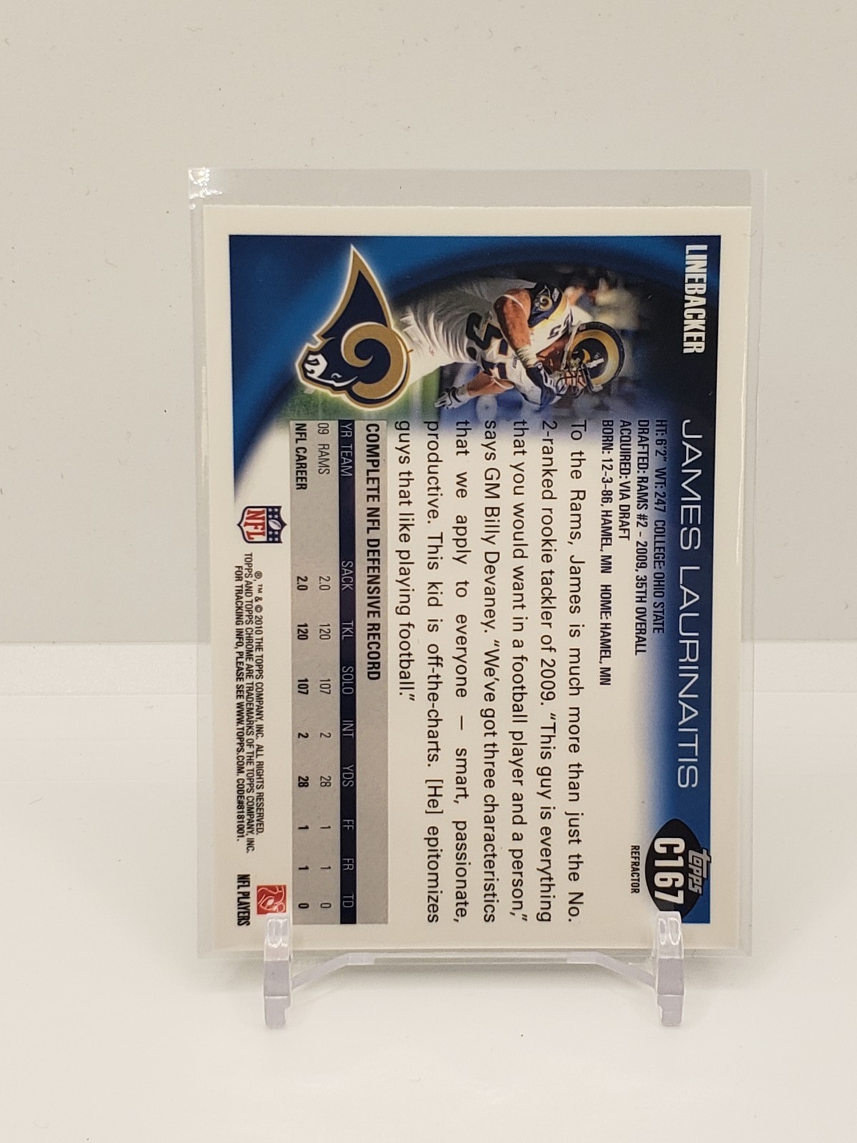 2010 Topps Chrome Refractor #167 James Laurinaitis Rams IP Auto