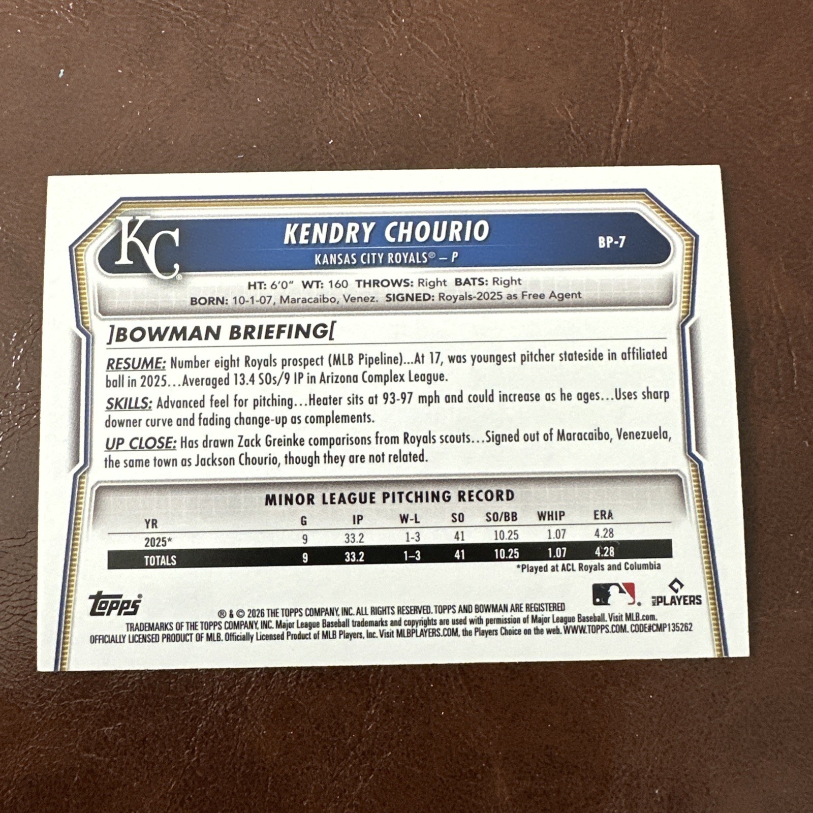 Kendry Chourio 2026 Topps Bowman Paper (Green pattern) #/99 BP-7 ROYALS