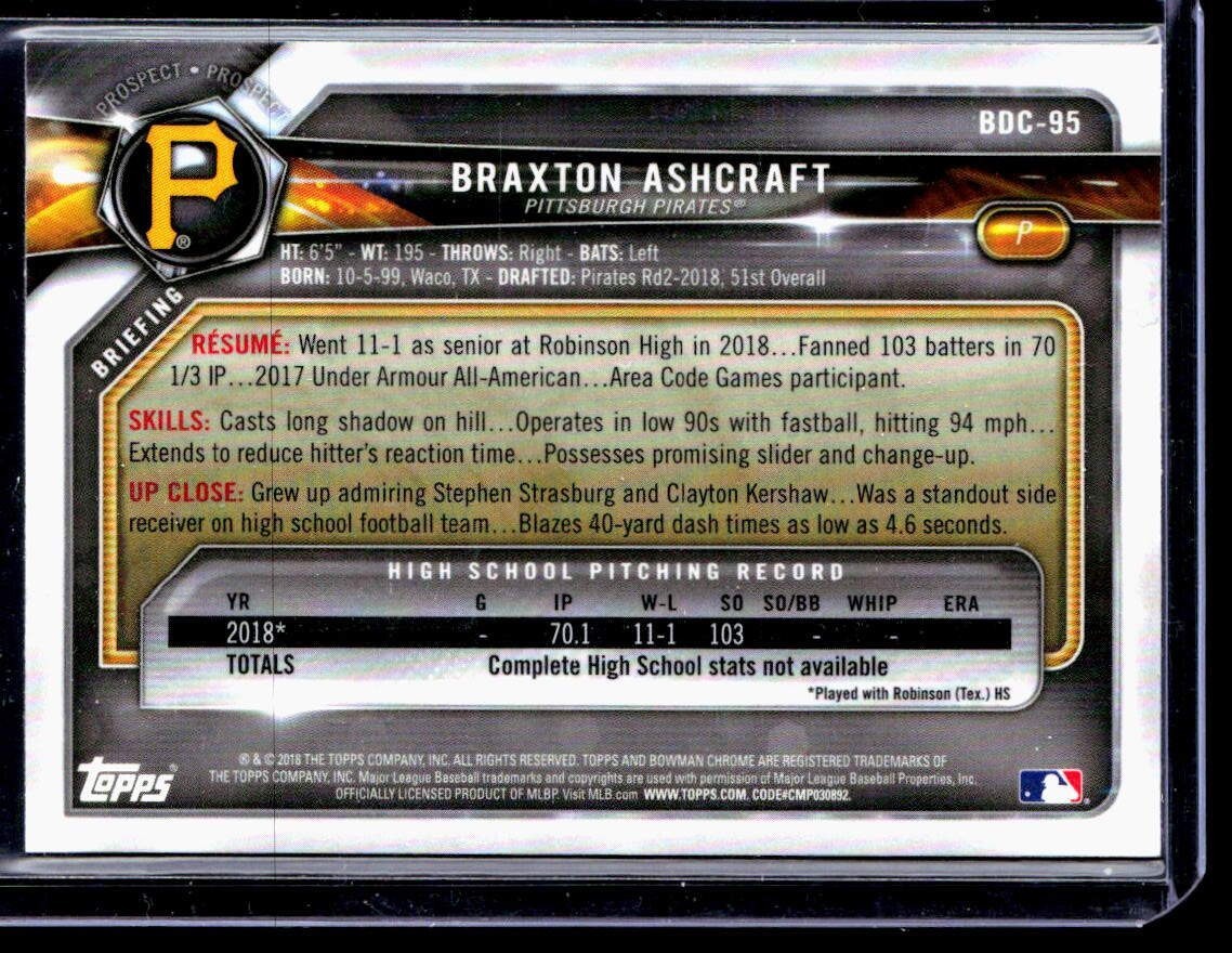 2018 Bowman Draft Chrome Asia Mojo Refractor Braxton Ashcraft Pirates QTY
