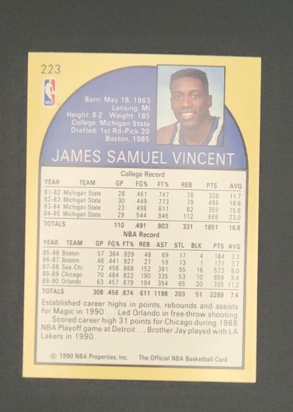 Sam Vincent Card #223 – Michael Jordan Wearing Jersey #12 1990-91 NBA Hoops QTY