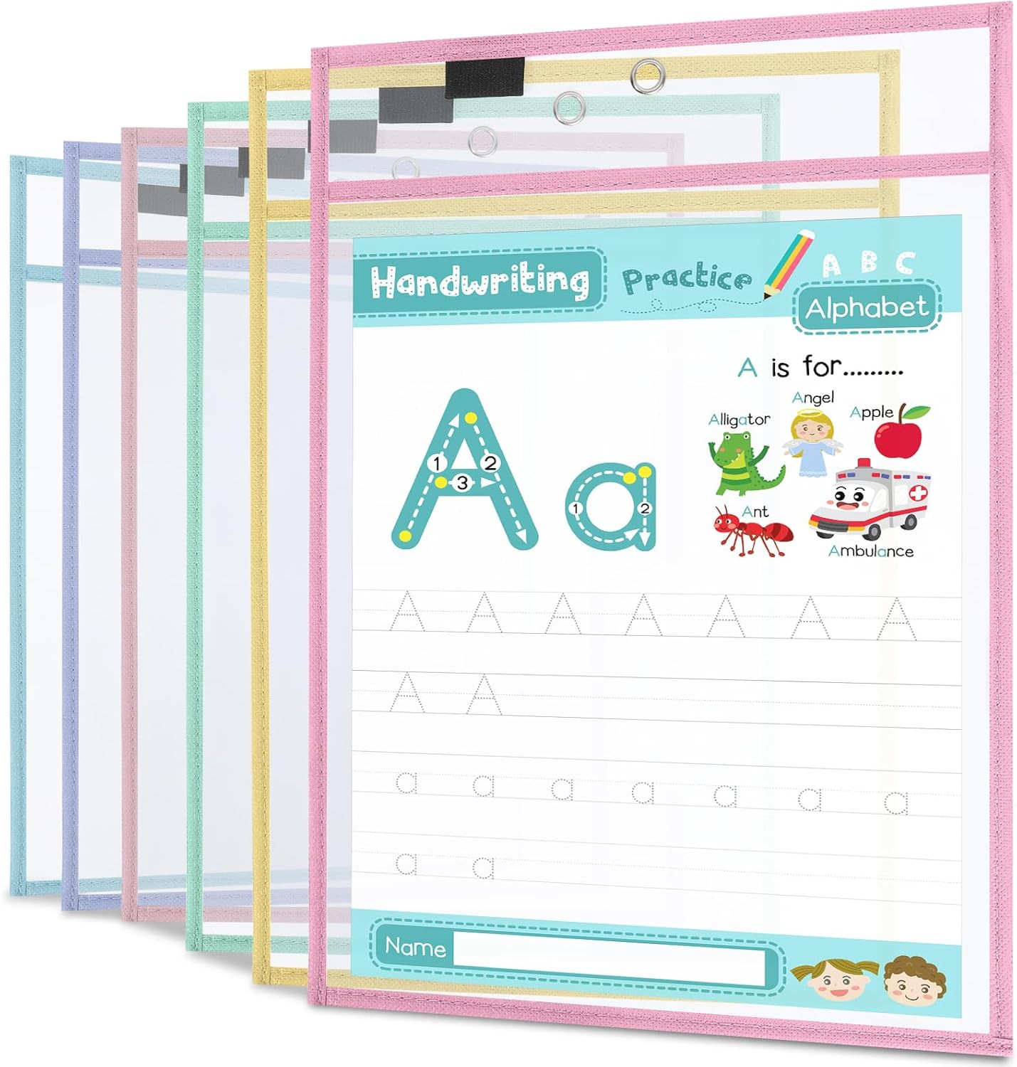 12 Pack Dry Erase Pockets 6 Assorted Colors 8.5 x 11 Inch Clear Plastic Sheet Pr