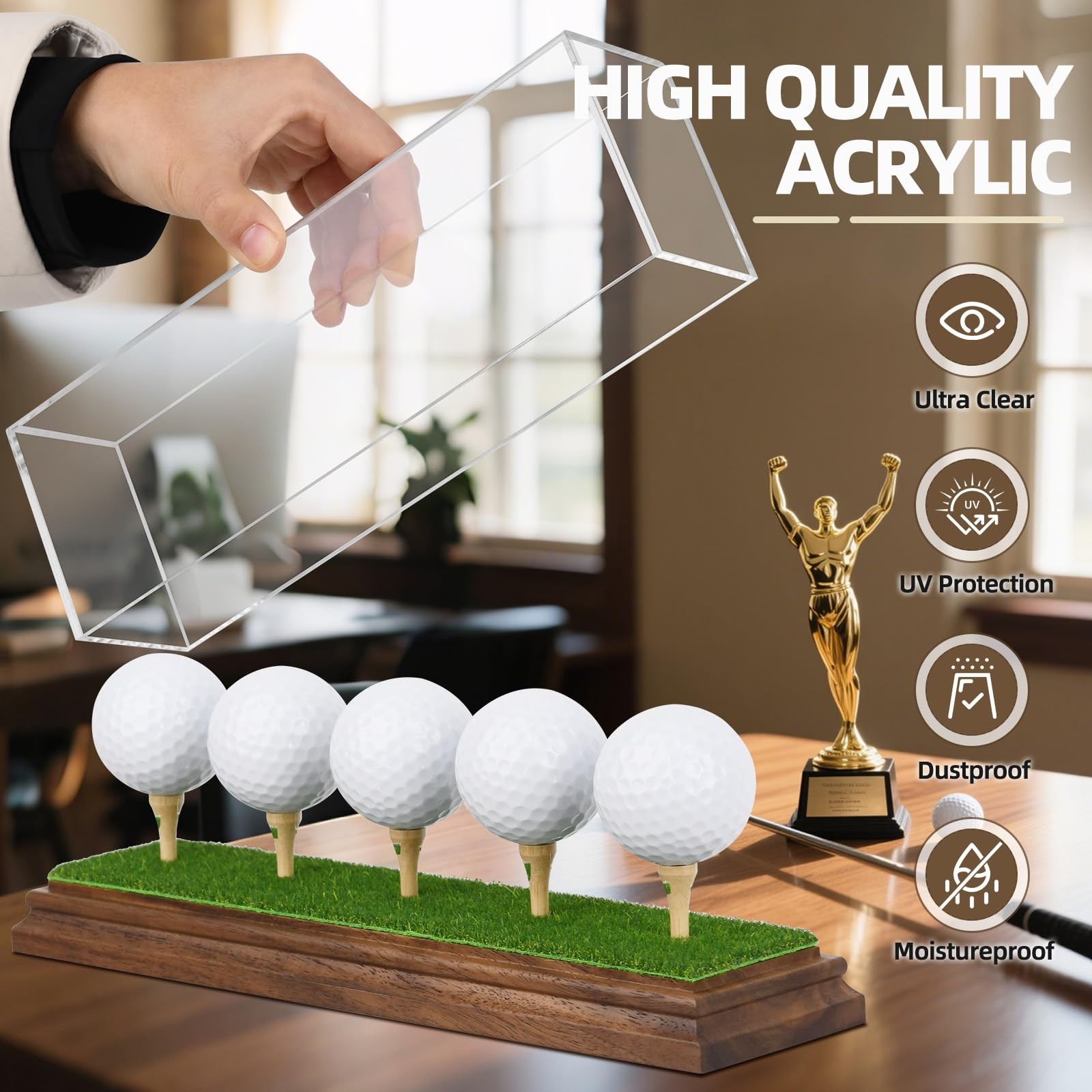Acrylic 5 Golf Ball Display Case Walnut Wood Base UV Protection Stand Holder