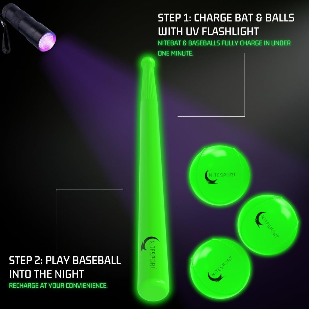 Glow in the Dark Plastic Baseball Bat W/ 3 Glow in the Dark Plastic Baseballs Bu