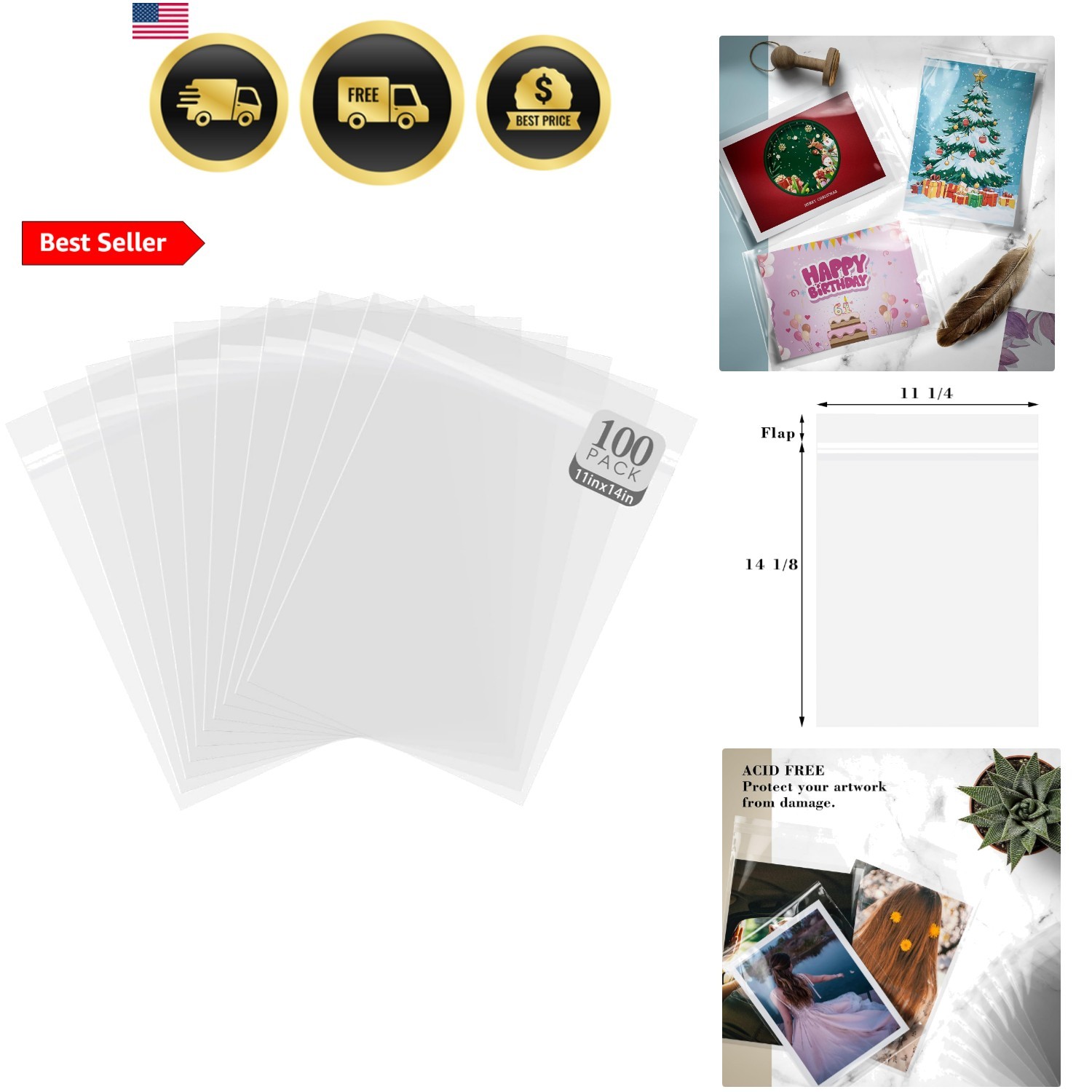 Pack of 100 11 1/4 x 14 1/8 Crystal Clear Storage Sleeves, Acid-Free Resealab…