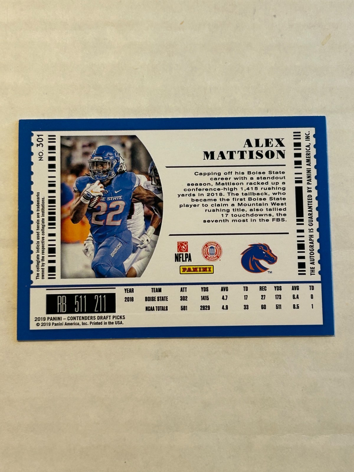 2019 Contenders Draft Alexander Mattison #301 Rookie Ticket Auto Boise State