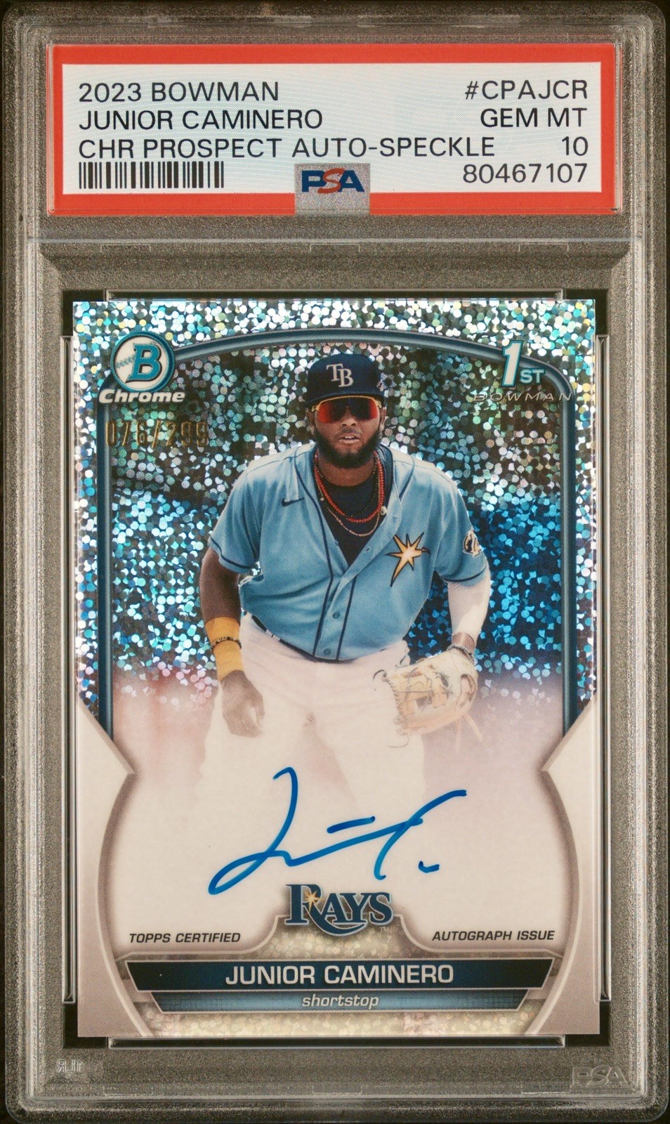 2023 BOWMAN CHROME PROSPECT AUTO #CPAJCR JUNIOR CAMINERO /299 PSA 10 TB RAYS