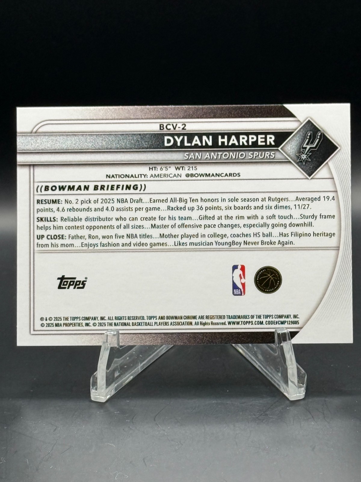 2025 Bowman Sapphire Dylan Harper Chrome RC Rookie #BCV-2 Spurs