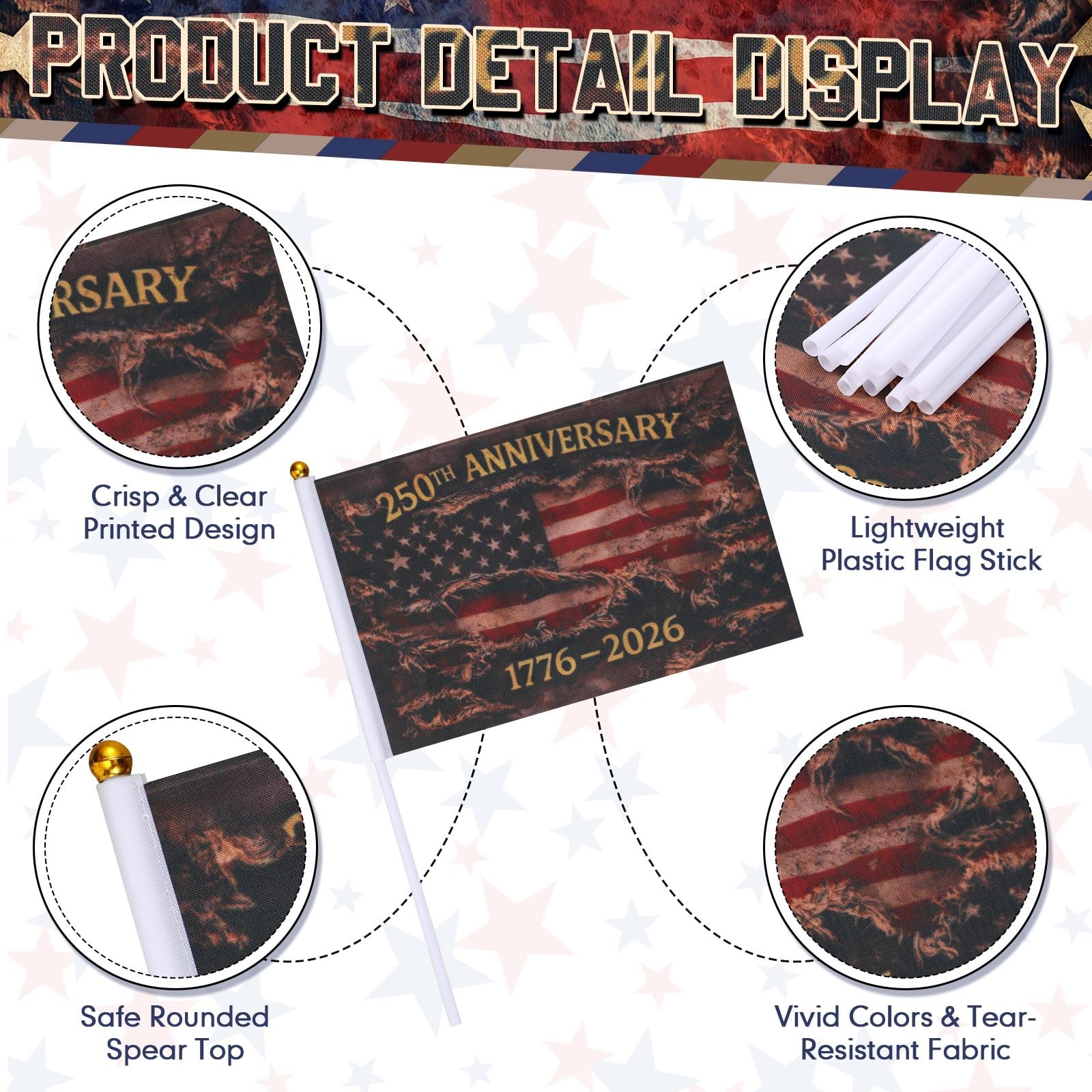 100 Pcs 250th Anniversary Flag on Stick America Hand Held Flag 1776-2026 America