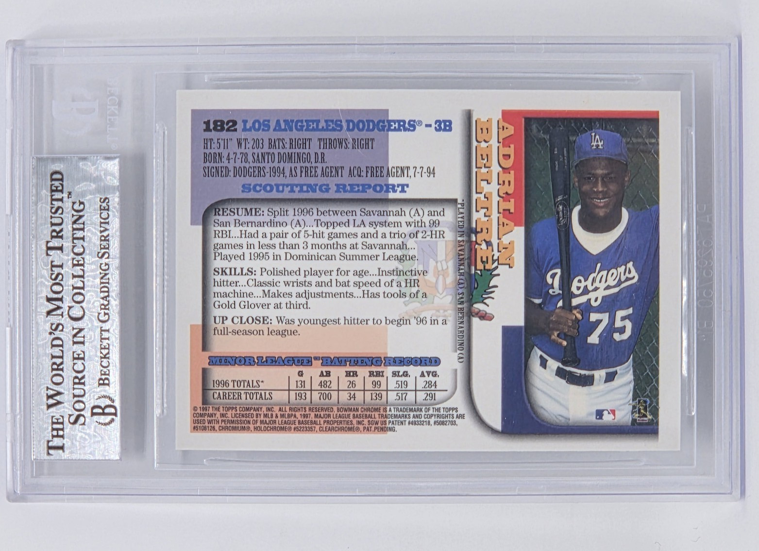 1997 Bowman Chrome – Adrian Beltre #182 International (RC) BGS 9 Mint LA Dodgers