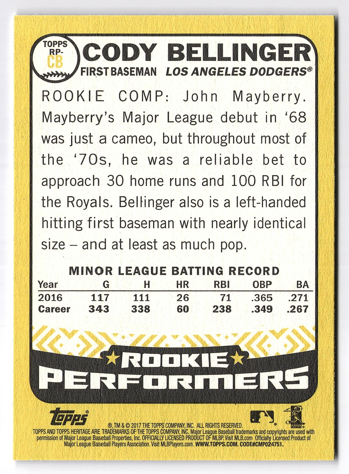 2017 Topps Heritage #RP-CB Cody Bellinger Rookie Performers RC Dodgers