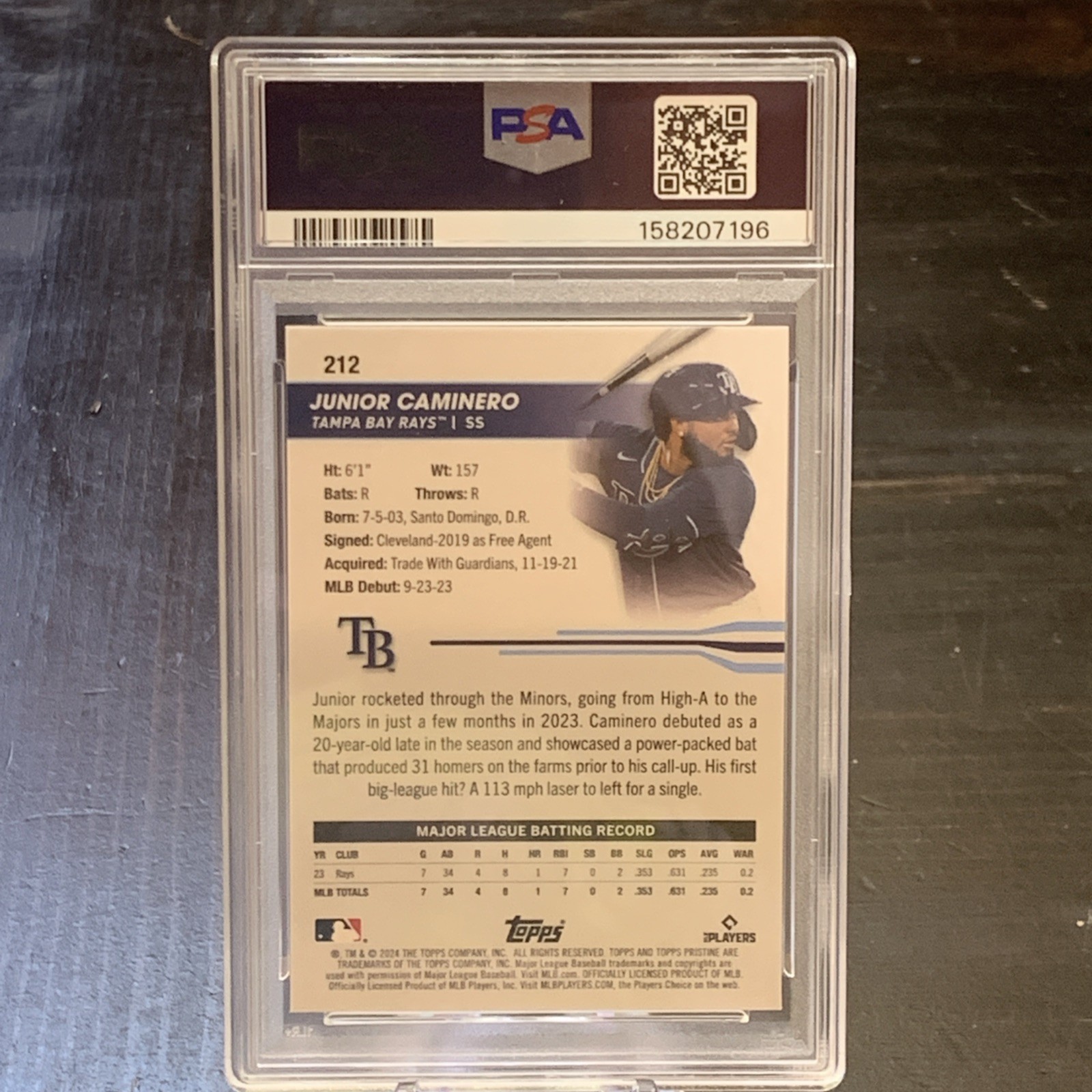 2024 Topps Pristine Junior Caminero Purple Refractor /99 RC 212 PSA 10 TB Rays
