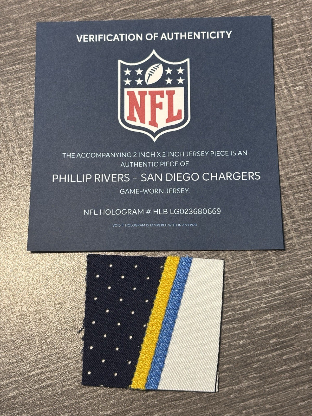 PHILLIP RIVERS GAME USED WORN PATCH NFL COA HOLOGRAM SAN DIEGO CHARGERS HOF GU